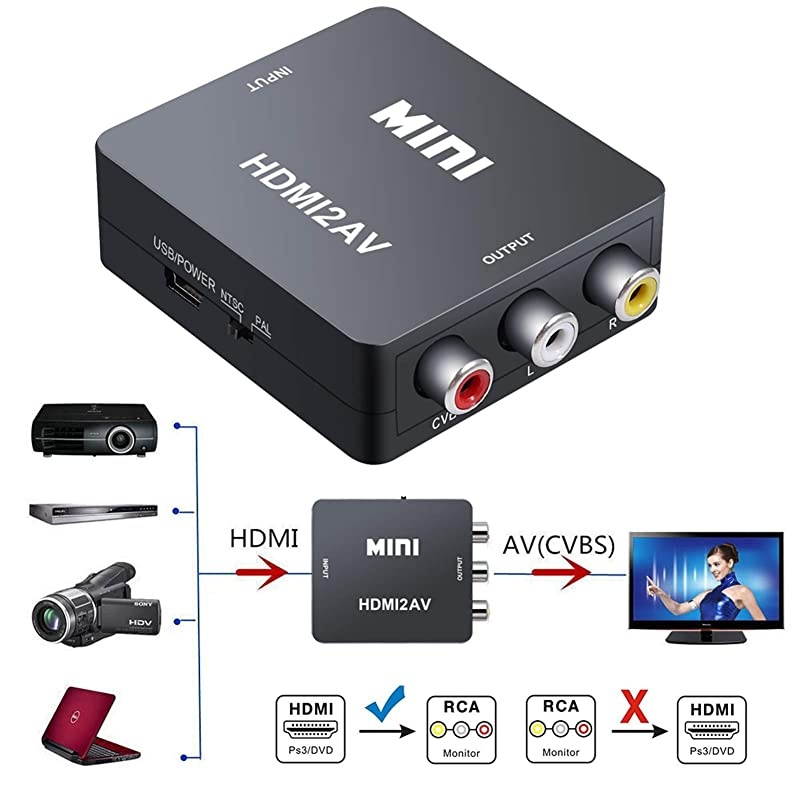 to AV Converter to RCAto AV 1080P to 3RCA CVBS AV Composite Video Audio Converter Adapter Supports PALNTSC with USB Charge Cable for PC Laptop HDTV DVD to AV Black