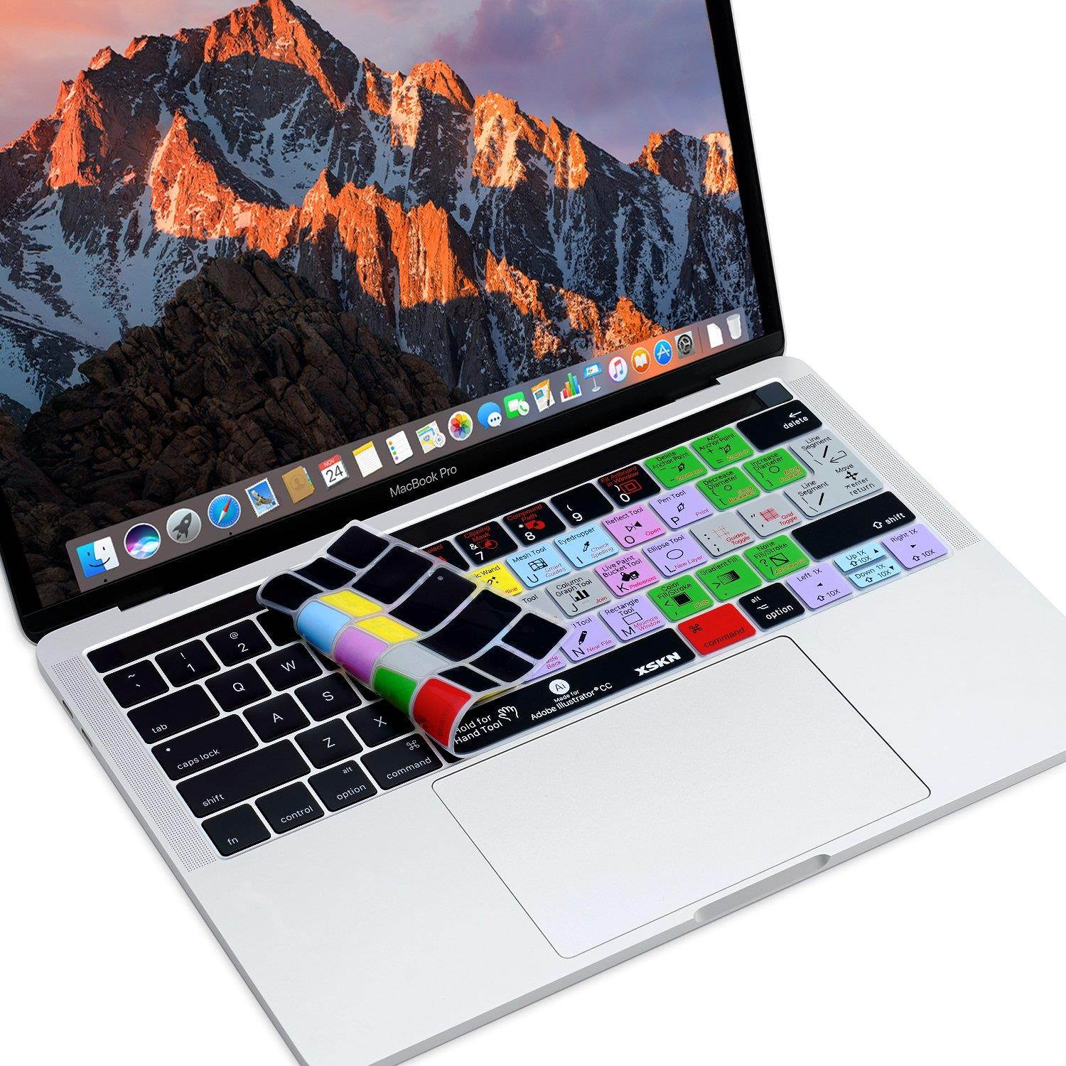 XSKN Adobe Illustrator CC English Shortcut AI Functional Hotkey Design Silicone Keyboard Skin Cover for 2016 Touch Bar MacBook Pro 13 (A1706) & MacBook Pro 15 (A1707), US EU Layout