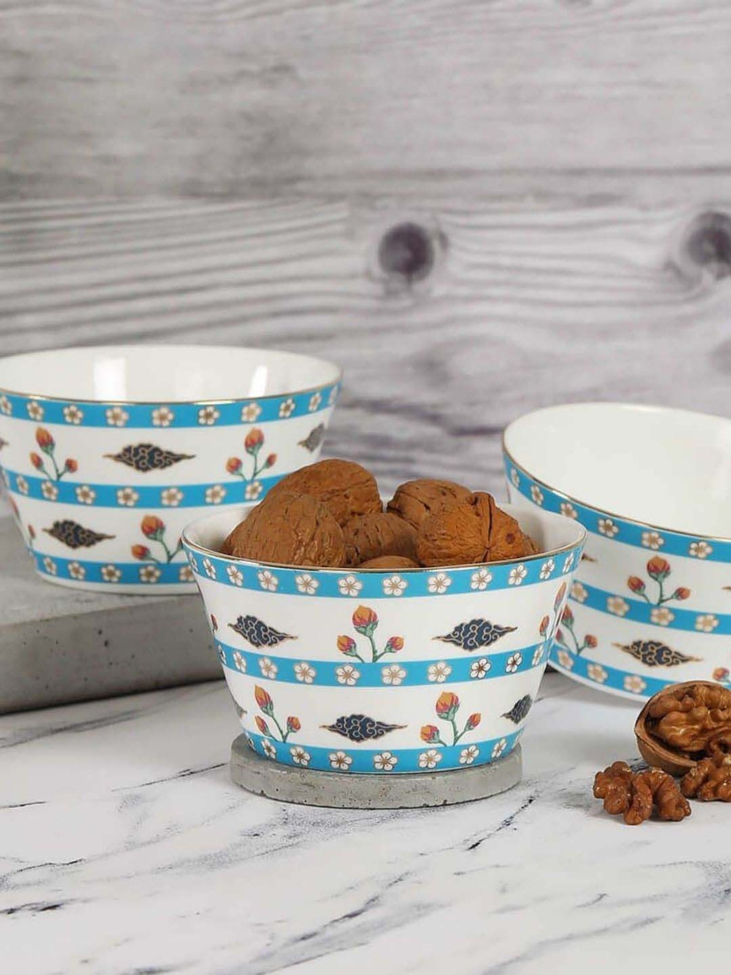 India Circus White & Sky Blue Ceramic 13.2 cm Snack Bowl (0.47 L) - Set of 3