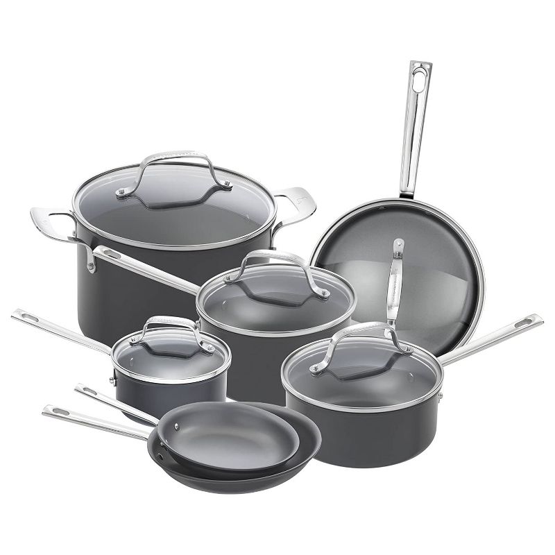 Emeril Lagasse 62920 Nonstick Hard Anodized Stainless Steel Covered 12 Piece Stove Top Cookware Set with Glass Lid, Dishwasher Safe, Gray