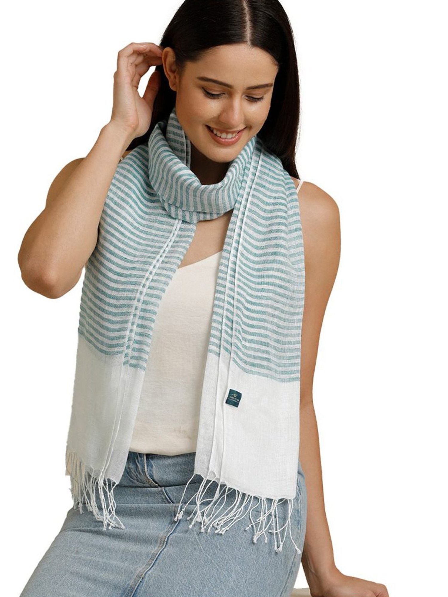 Linen Club Turquoise Blue Striped Pure Linen Stole
