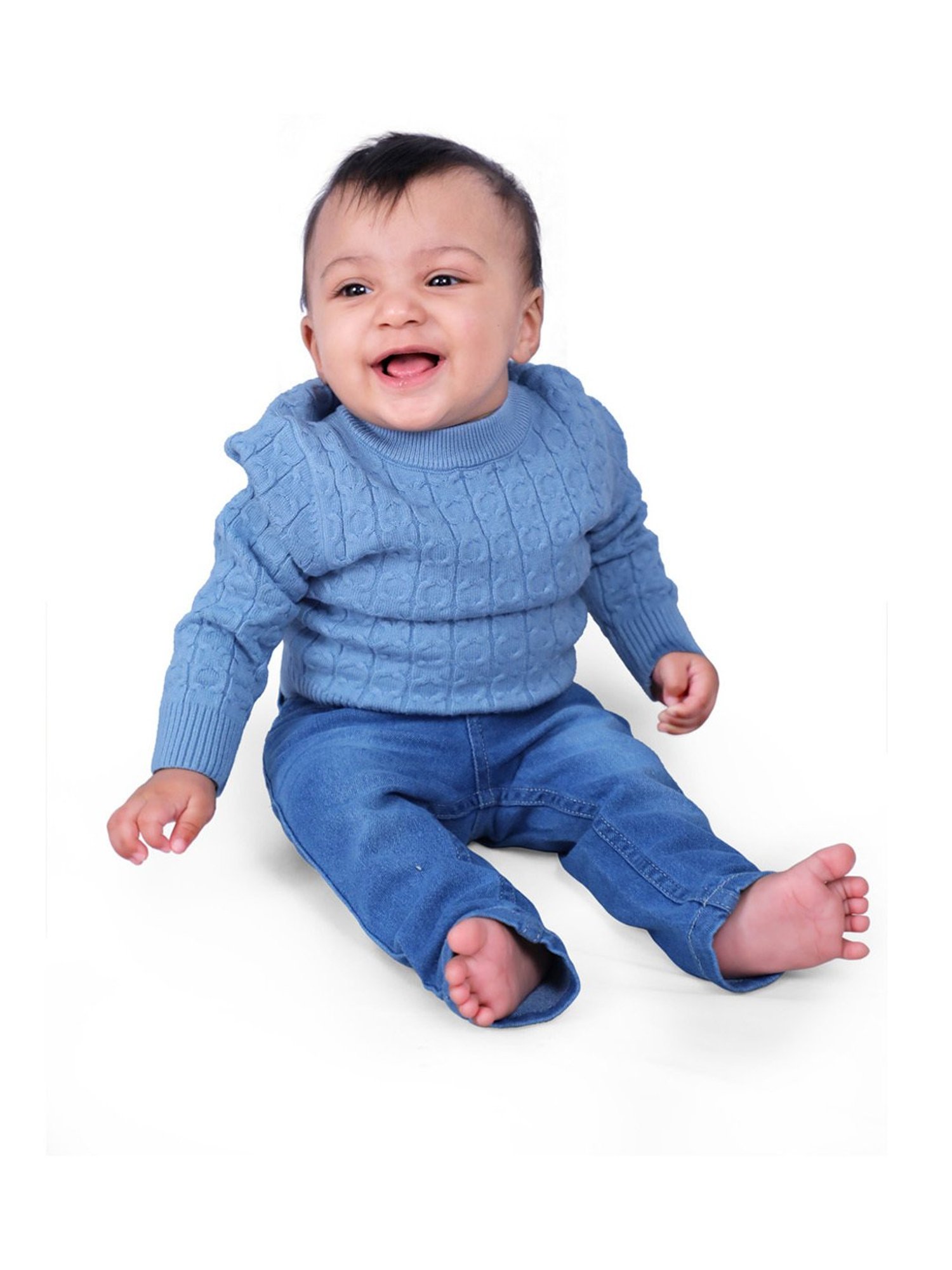 Baby Moo Kids Blue Textured Pattern Full Sleeves Sweater