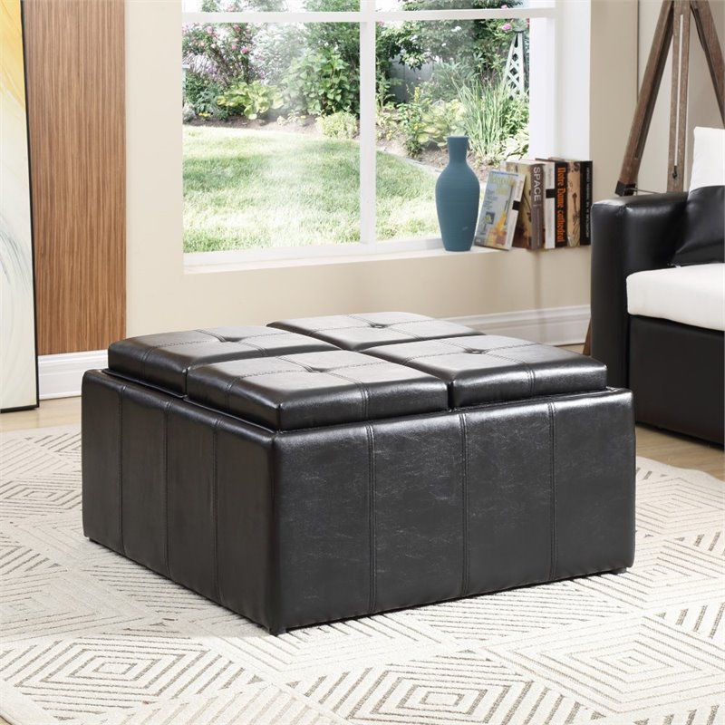 Storage Ottoman with 4 Flip over Serving Trays in Black - Hodedah