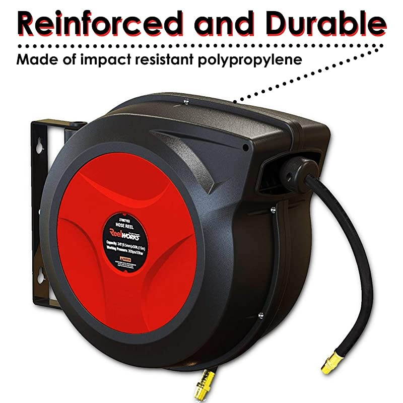 Air Hose Reel Retractable 38 Inch x 50 Foot Hybrid Polymer Hose Max 300PSI Commerical Polypropylene Construction