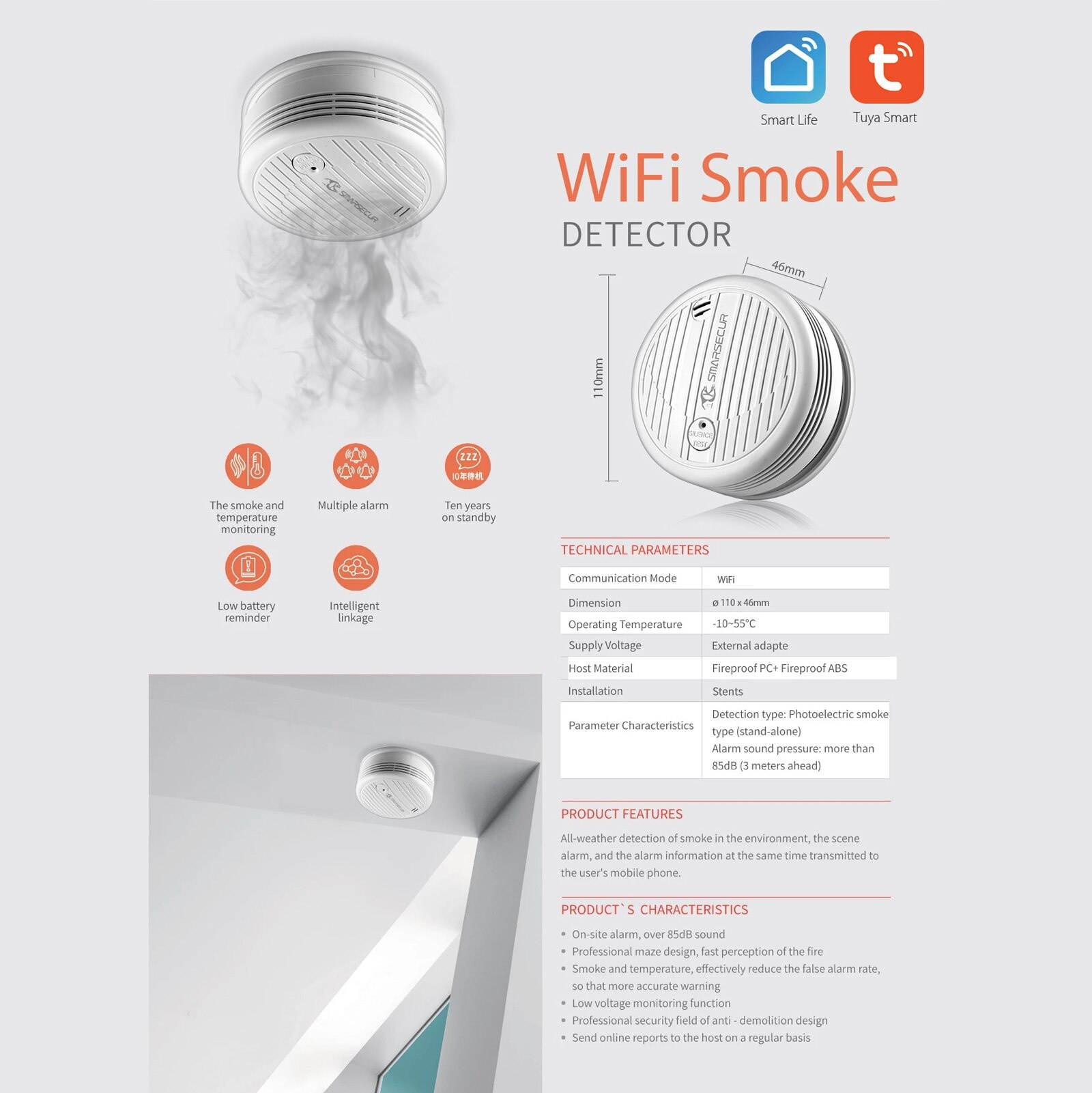 Tuya WIFI Smokes Detector Alarm Intelligent Home Life Home Household Office Hospital Multifunction Utility Tools