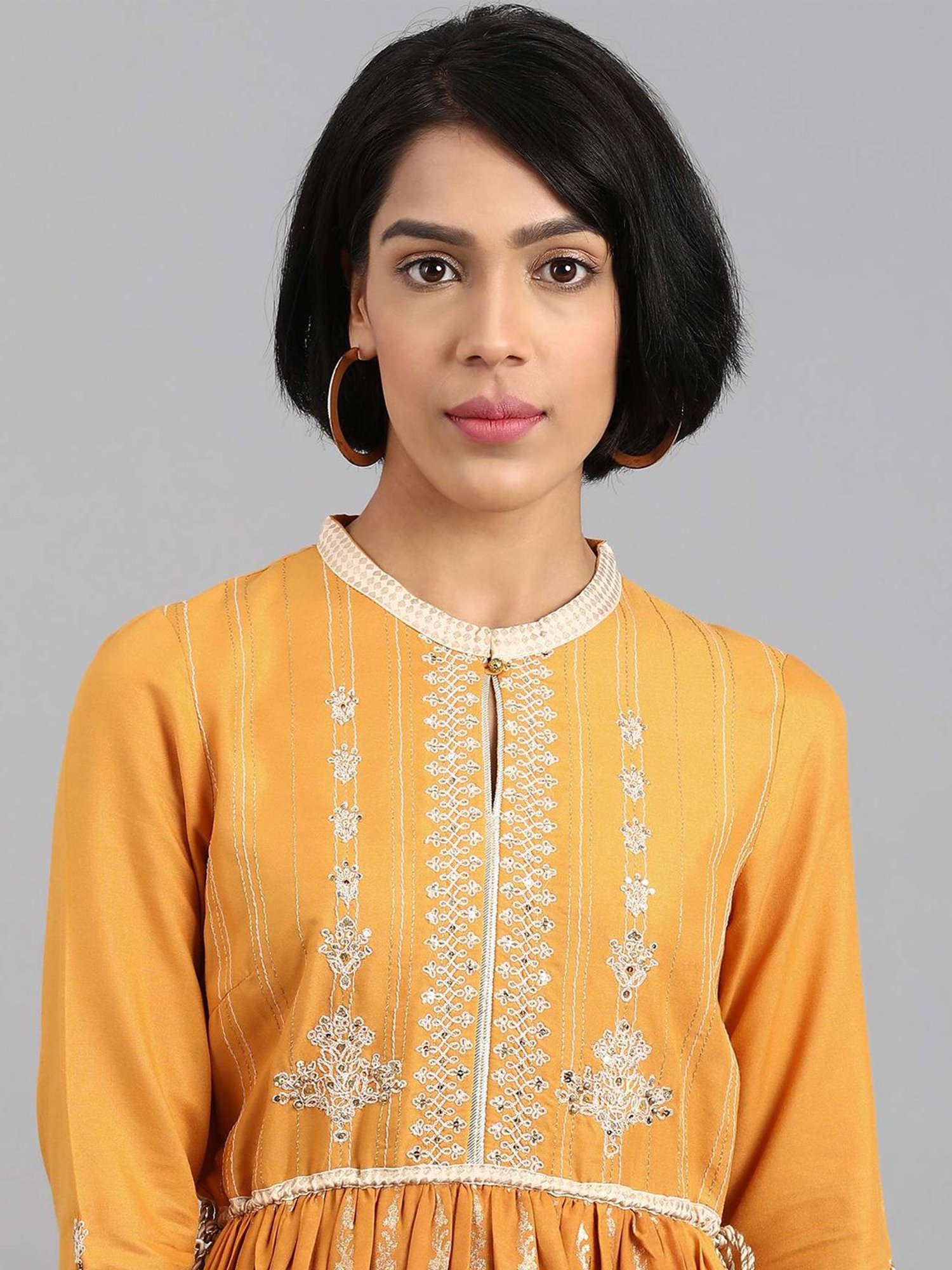 W Yellow Embroidered A-Line Dress
