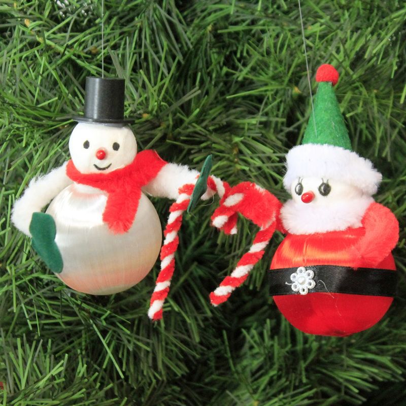 Holiday Ornament 4.0" Retro Santa & Snowman Set / 2 Vintage Chenille Spun Silk-Like  -  Tree Ornaments