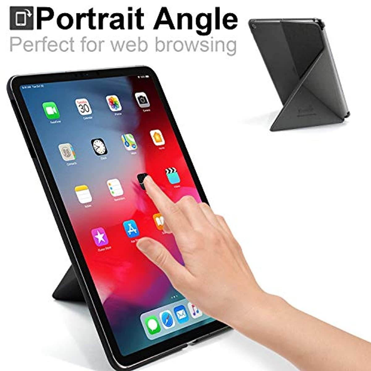 KHOMO Horizontal and Vertical Display Stand Capable Cover for iPad Pro 12.9 Inch Case 3rd Generation (Released 2018) - Dual Origami Series - See Through Back - Twill Grey