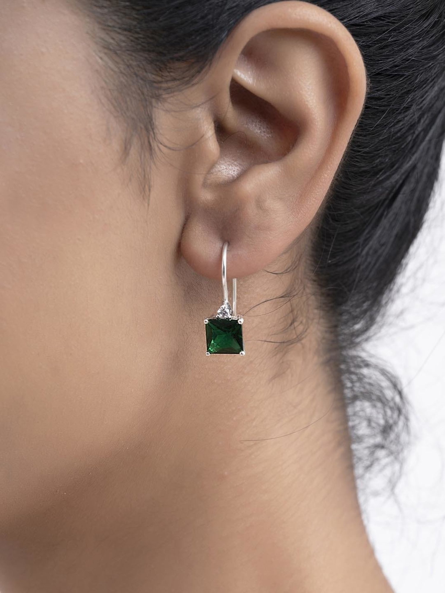 March by FableStreet Silver Green Slide-On Earrings for Women