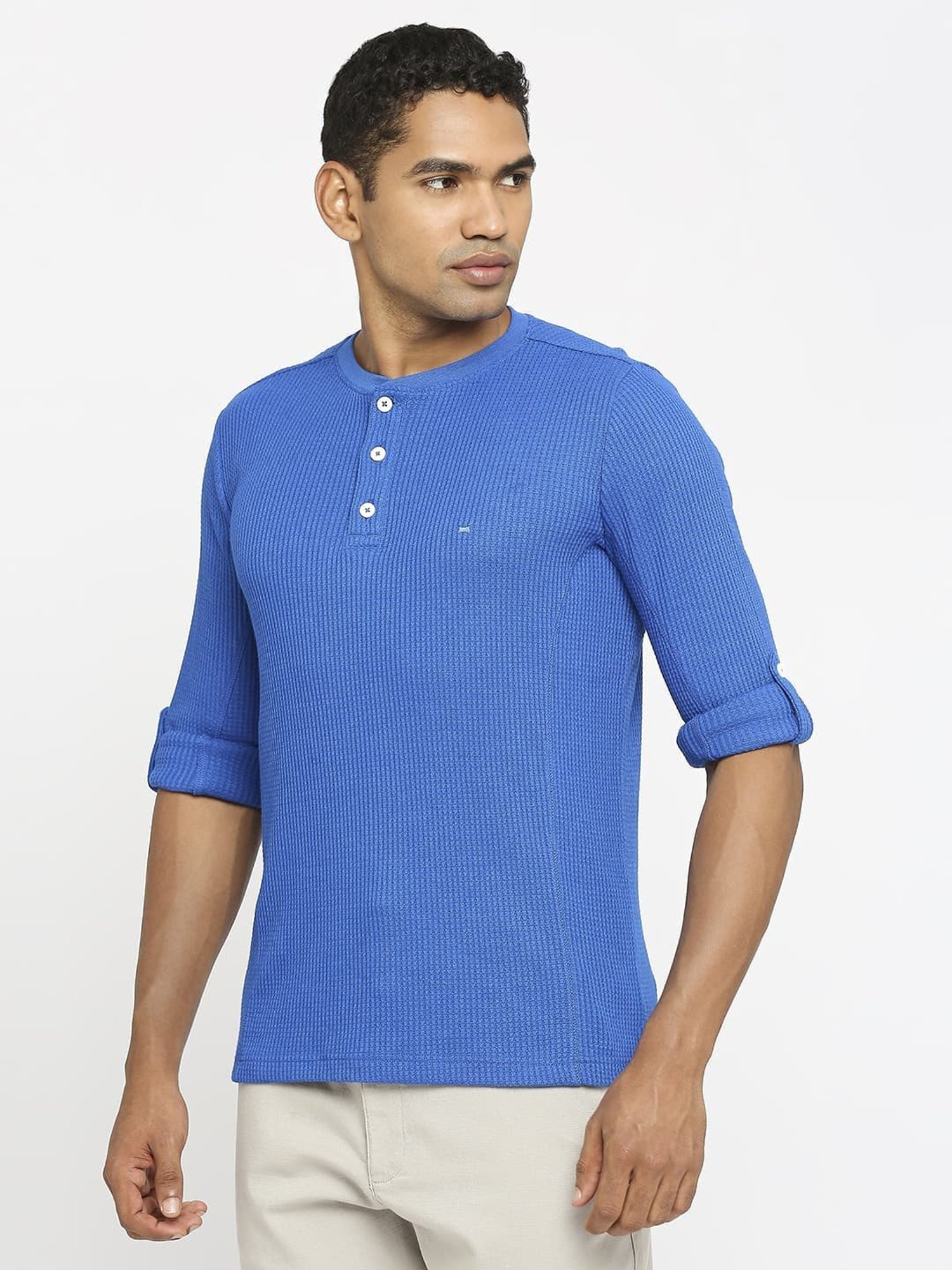 Basics Blue Cotton Muscle Fit Texture Henley T-Shirt
