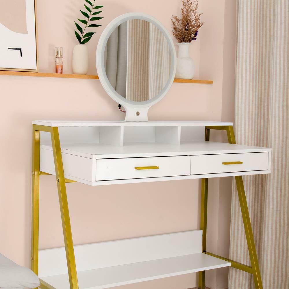 Makeup Dressing Table Vanity Set 2 Jewelry DrawerLighted Round Mirror White