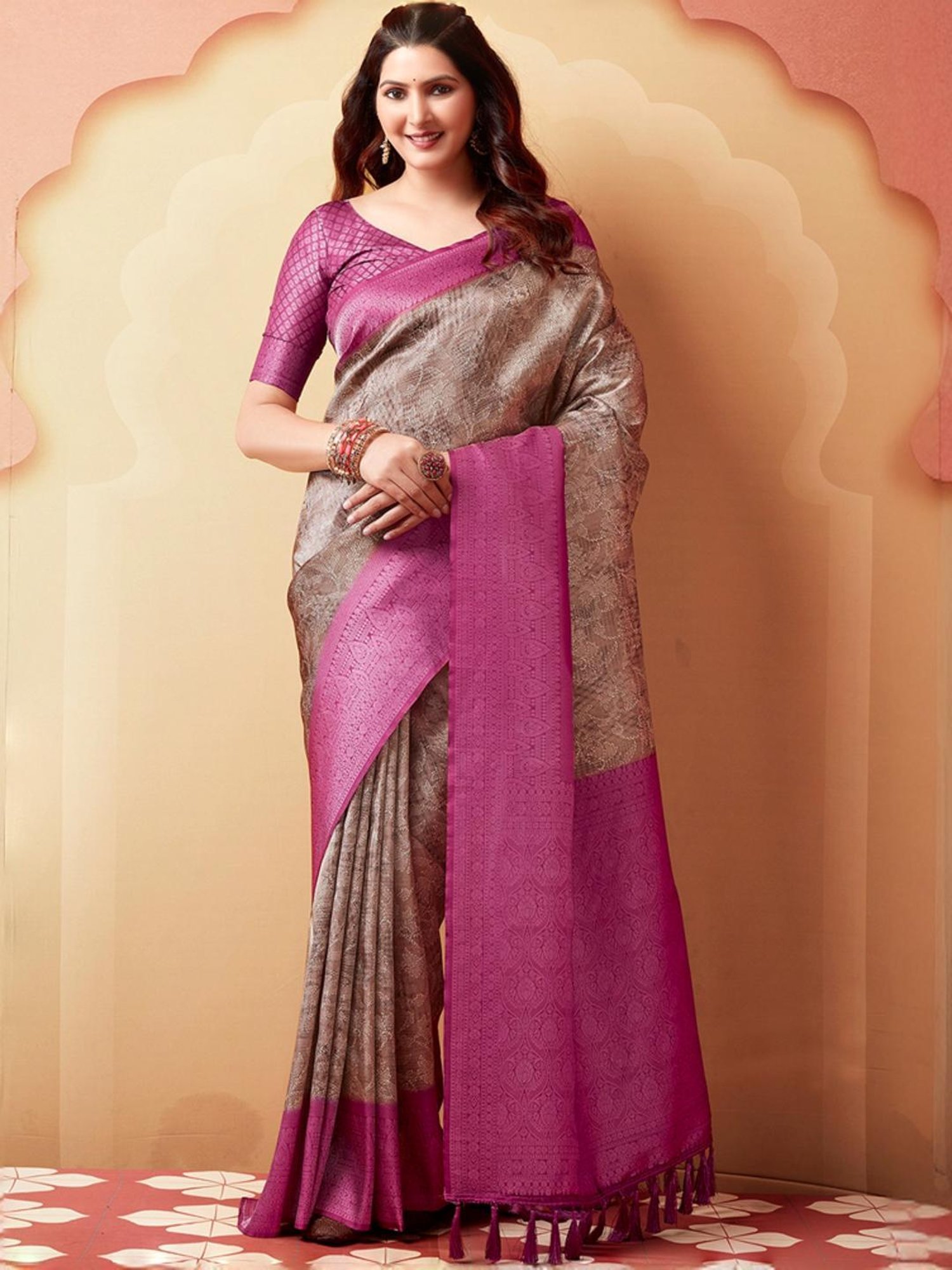 Satrani Brown & Purple Woven Saree With Unstitched Blouse