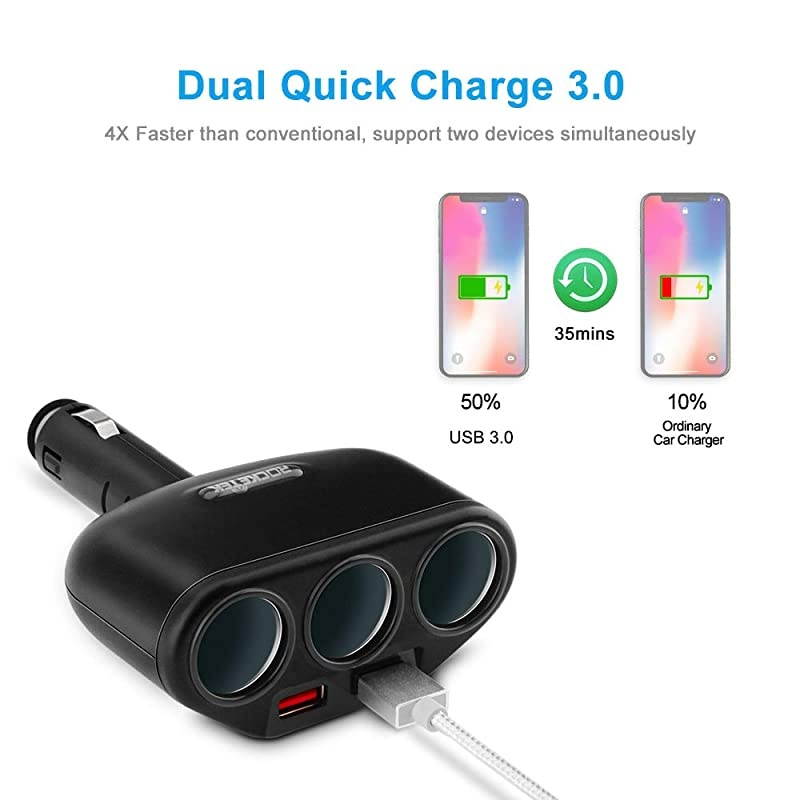 3Socket 2Port USB Quick Charge 30 Car Charger Splitter Adapter120W 12V24V DC Outlet Multi Socket Car Cigarette Lighter Splitter QC30 Dual Car Charger Power Outlet Splitter Extender