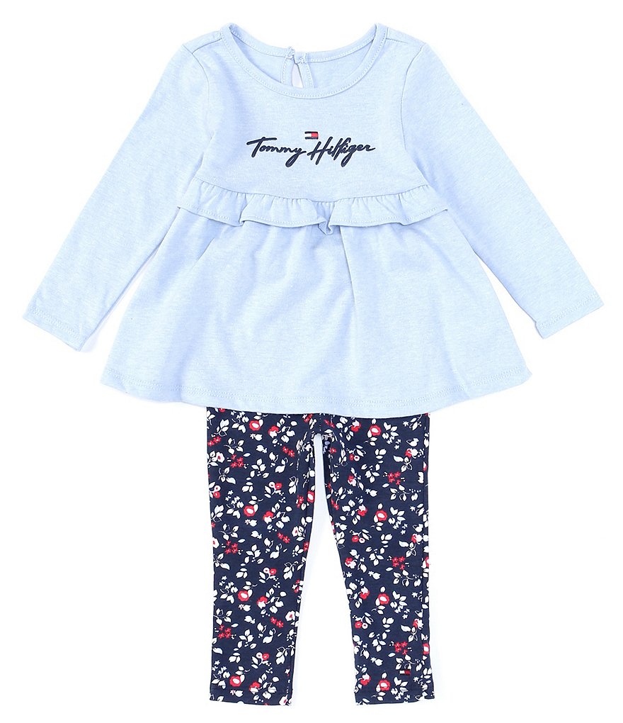 Tommy Hilfiger Baby Girls 12-24 Months Long-Sleeve Logo Peplum Top & Floral Leggings Set