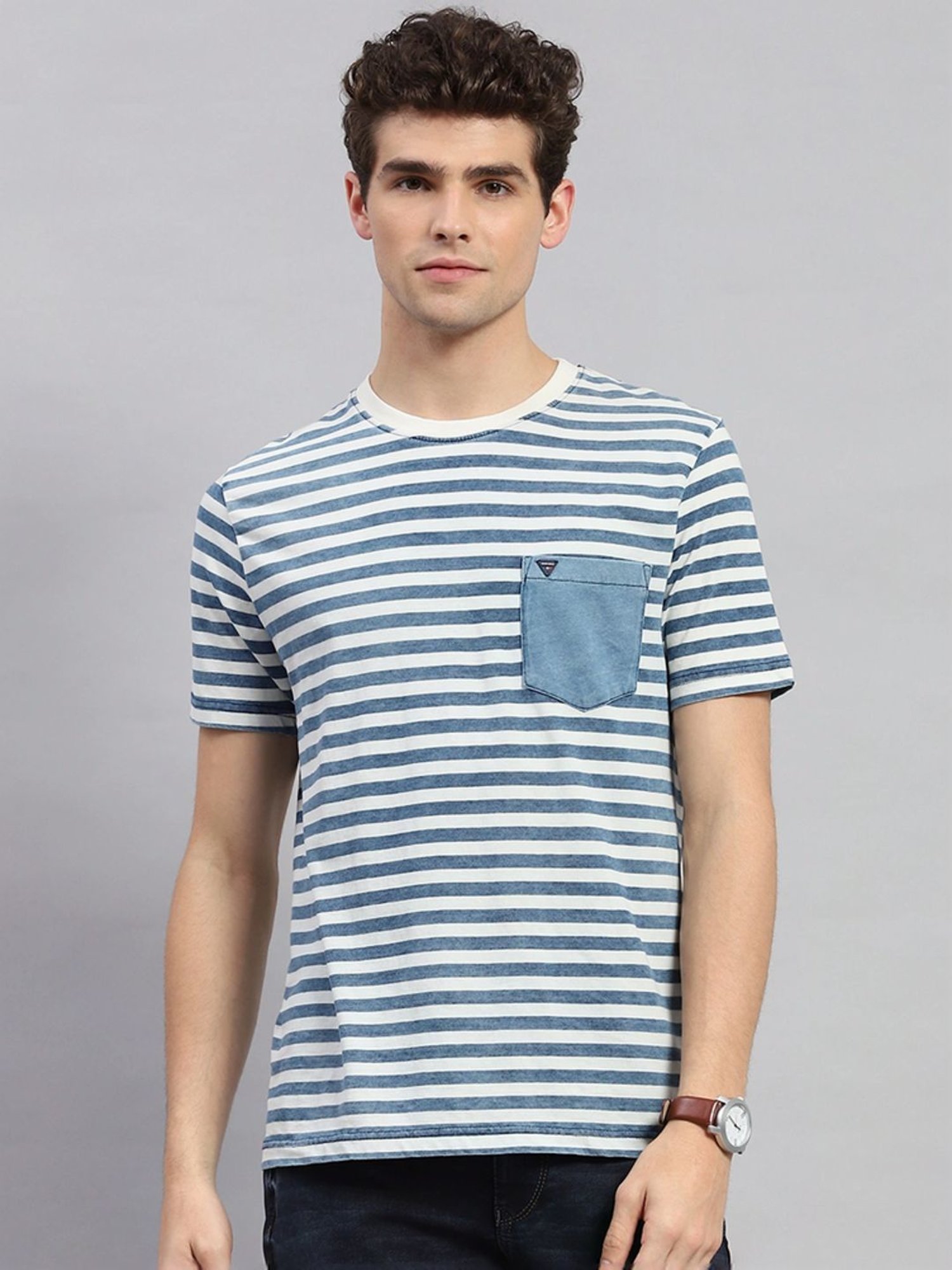 Monte Carlo Light Blue Regular Fit Striped T-Shirt
