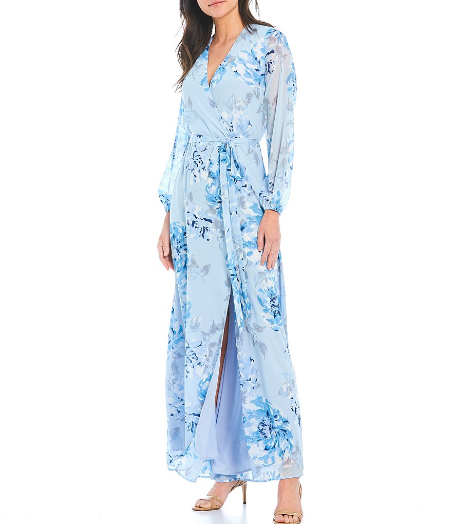 Marina Long Sleeve Floral Chiffon Maxi Wrap Dress