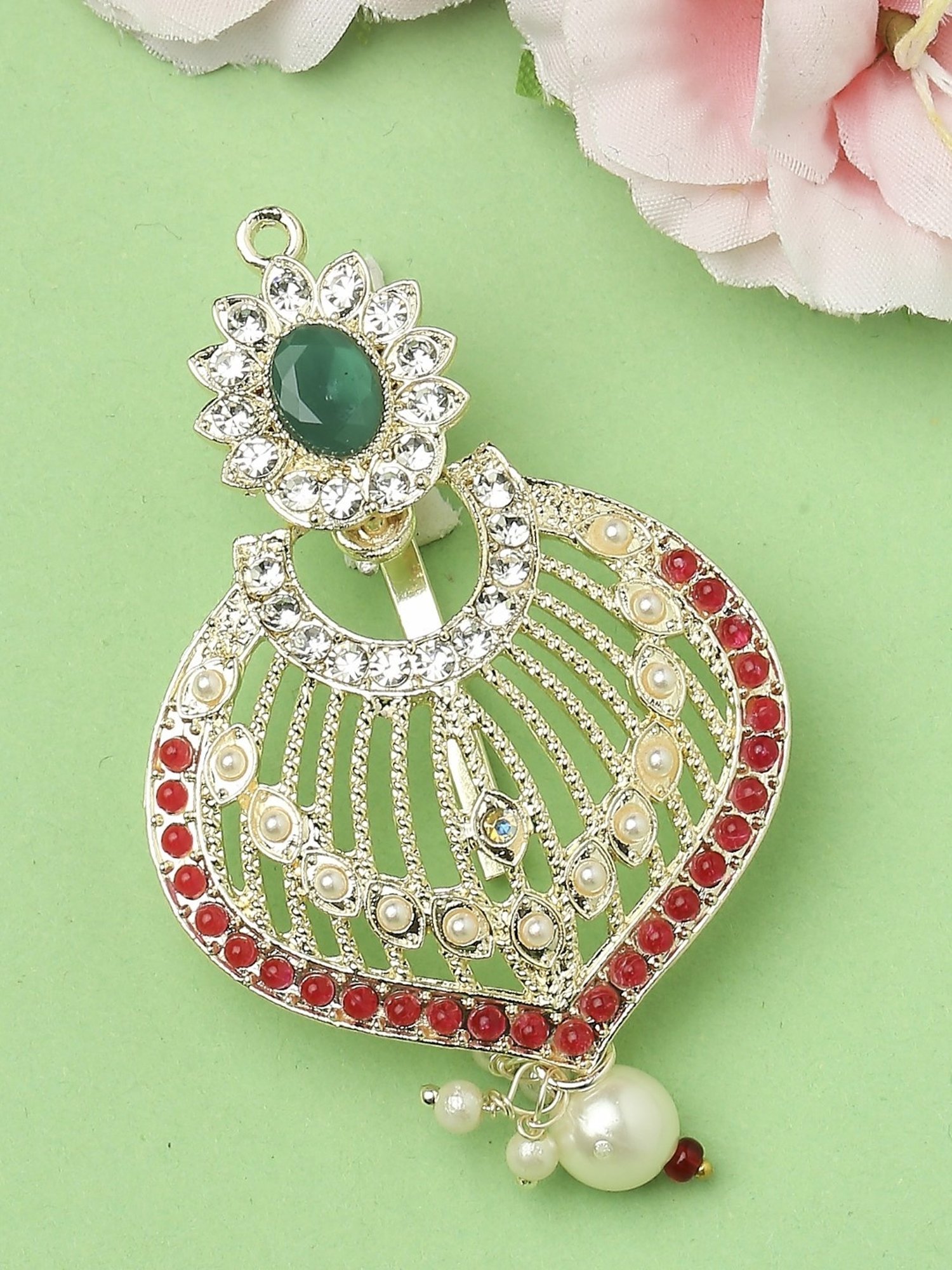 OOMPH Maroon & Green Stones Ethnic Chandbali Style Hair Bun Pin Juda Pin