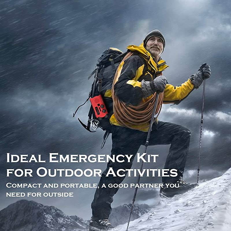 Hand Crank Radio Weather Solar NOAA Radio with AMFM Bright Flashlight SOS Alarm and 2000mAh Power Bank for and Outdoor Activies Red