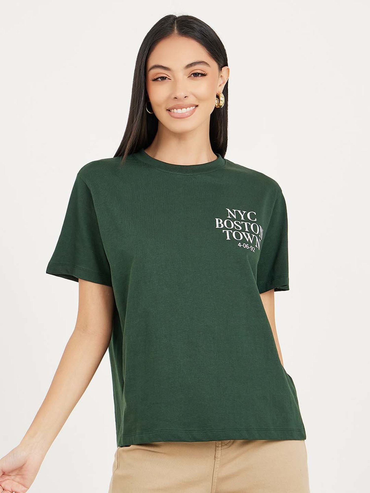 Styli Green Cotton Printed T-Shirt