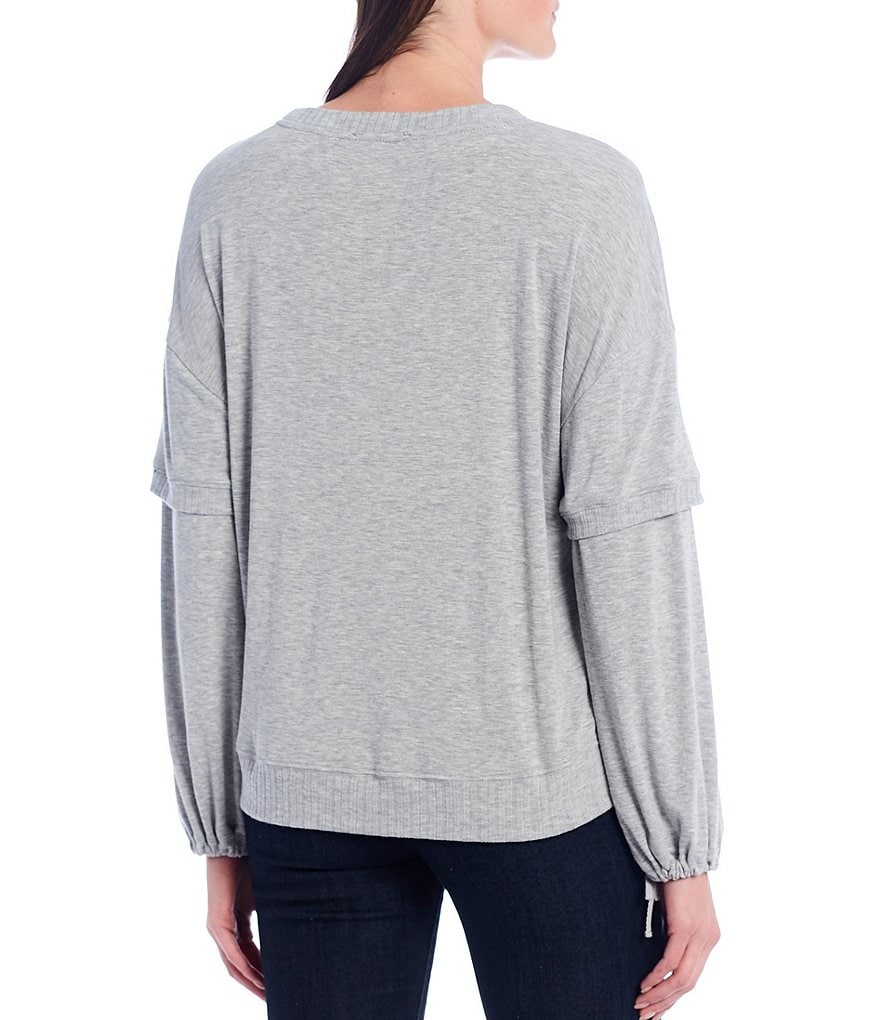 Democracy Rhinestone Motif Knit Long Blouson Sleeve Top