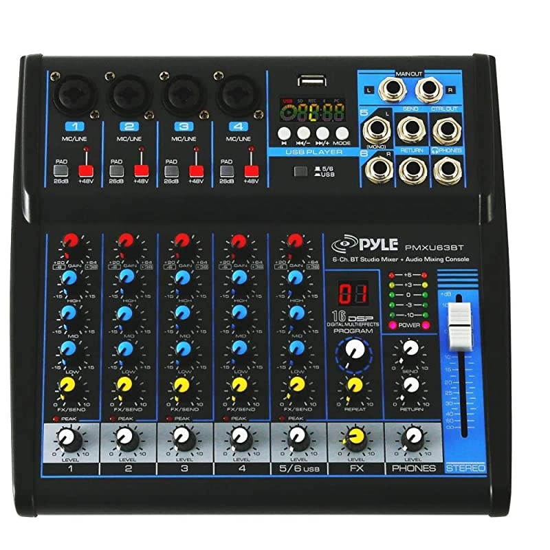 Professional Audio Mixer Sound Board Console Desk System Interface with 6 Channel USB Bluetooth Digital MP3 Computer Input 48V Phantom Power Stereo DJ Streaming FX16 Bit DSP PMXU63BT