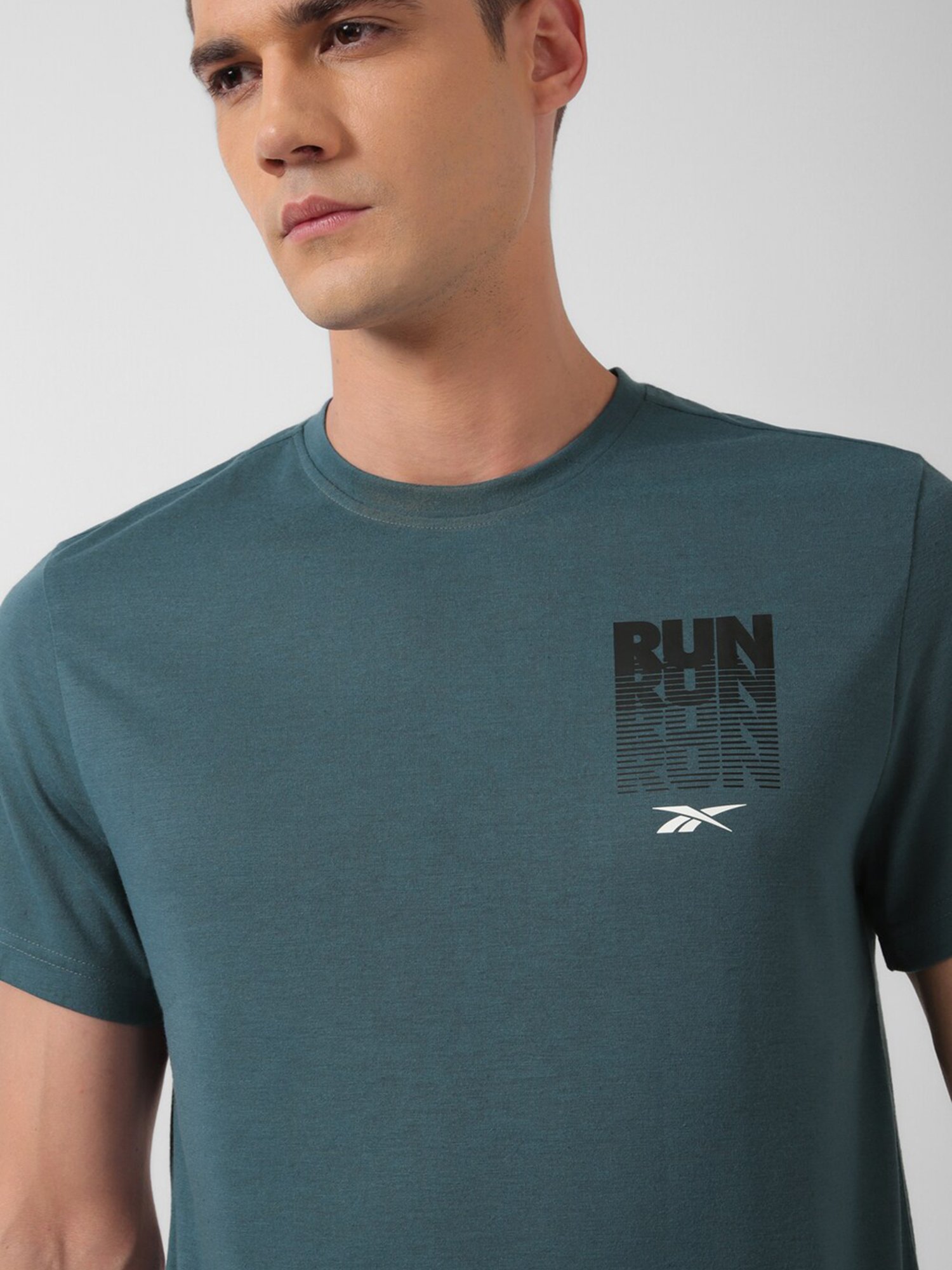 Reebok Teal Green Regular Fit Printed Sports T-Shirt