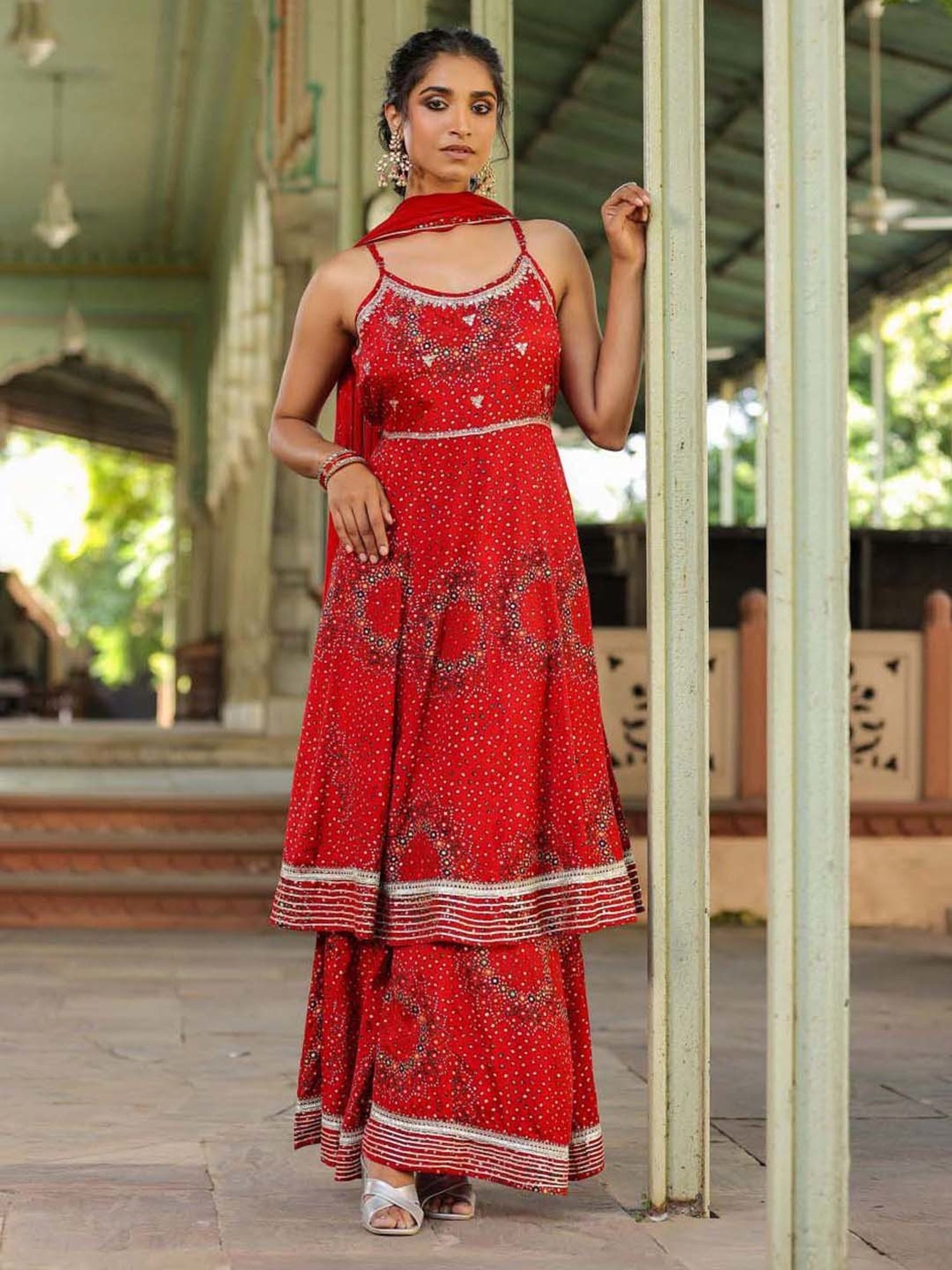 SCAKHI Crimson Red Printed Kurta Sharara Set With Dupatta