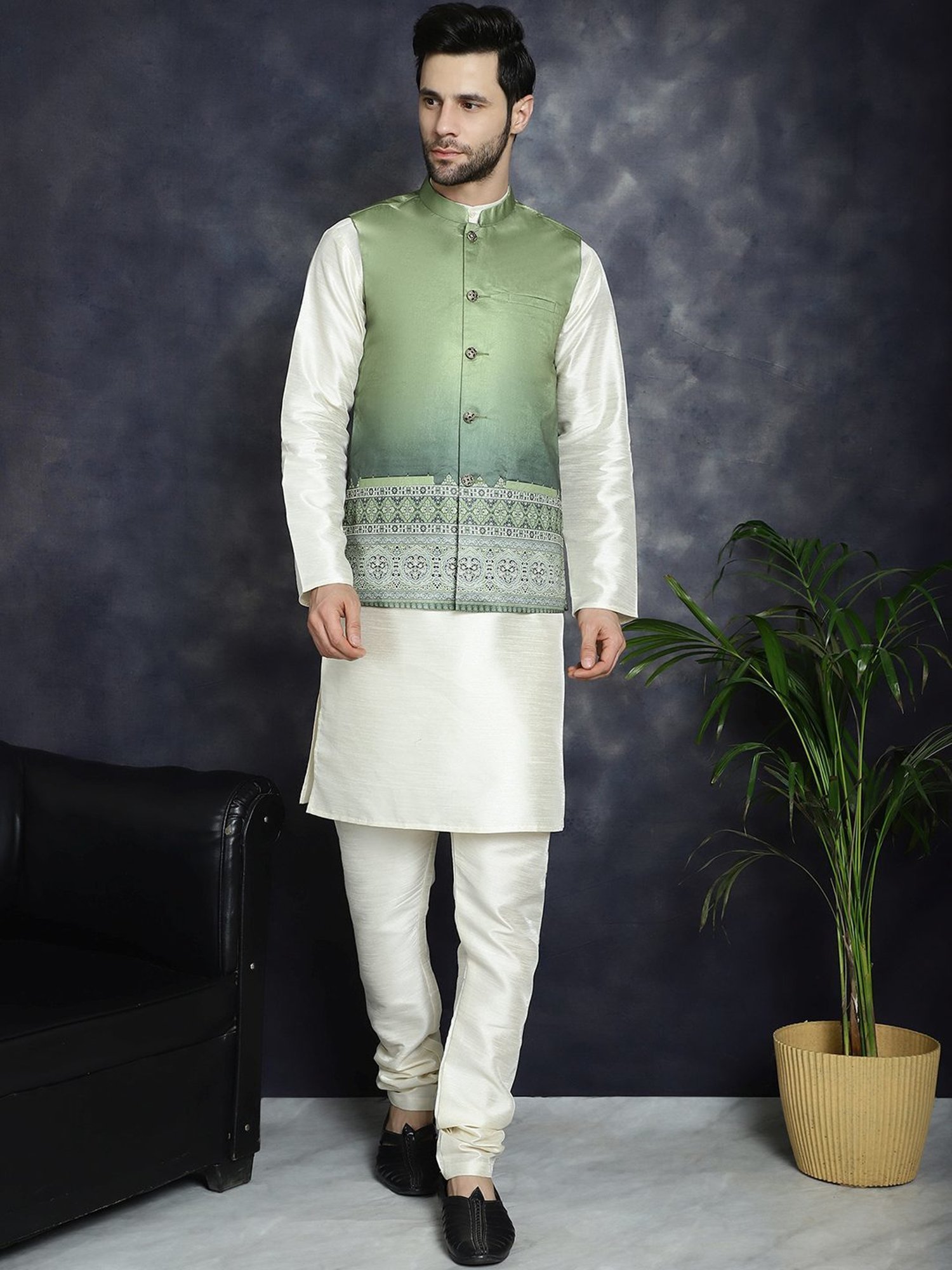 Jompers Green Regular Fit Printed Nehru Jacket