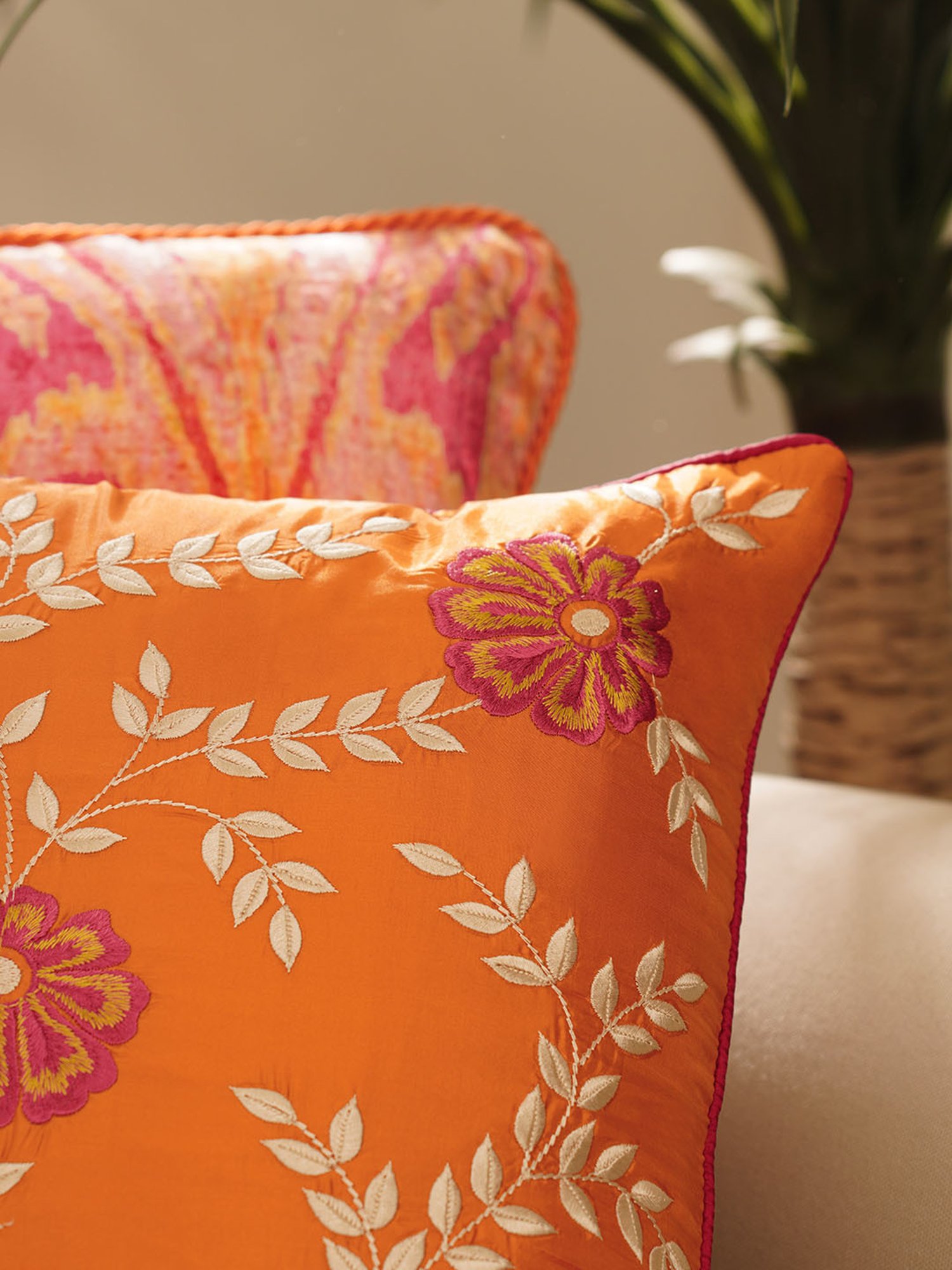 Pure Home and Living Orange Silk Embroidery Cushion Cover