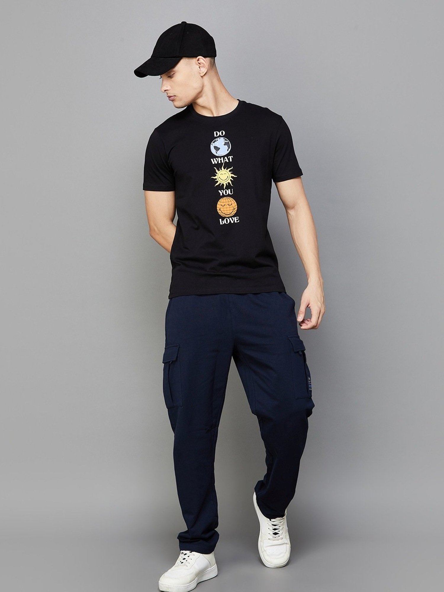 Smileyworld Black Cotton Regular Fit Printed T-Shirt