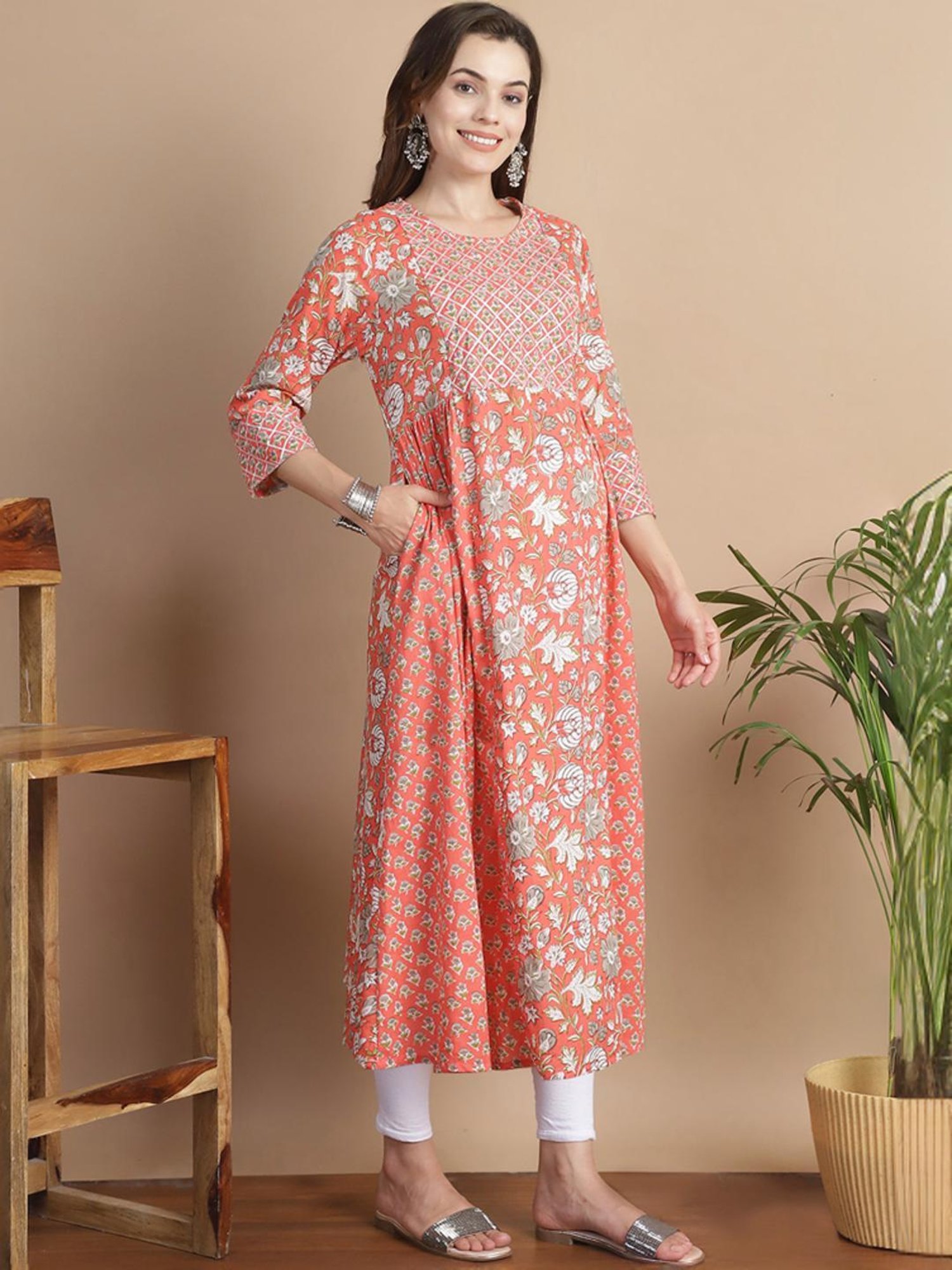 Secret Wish Peach Cotton Floral Print Maternity Kurta