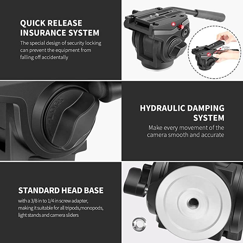 Metal Heavy Duty Video Camera Tripod Fluid Drag Pan Head with 1/4 and 3/8 inches Screws Sliding Plate for DSLR Cameras Video Camcorders Shooting Filming, up to 11 pounds/5 kilograms