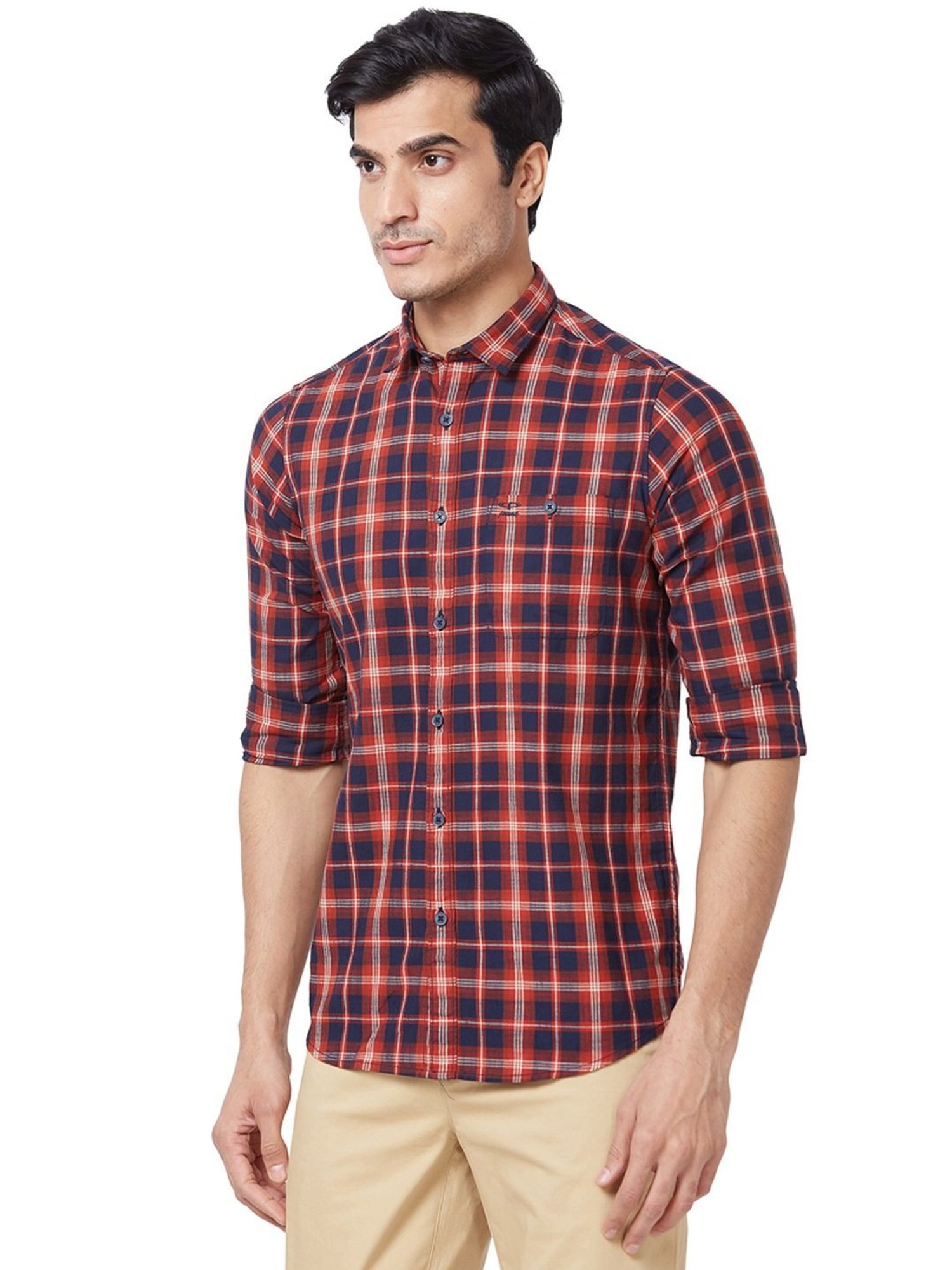 ColorPlus Red Cotton Contemporary Fit Checks Shirt