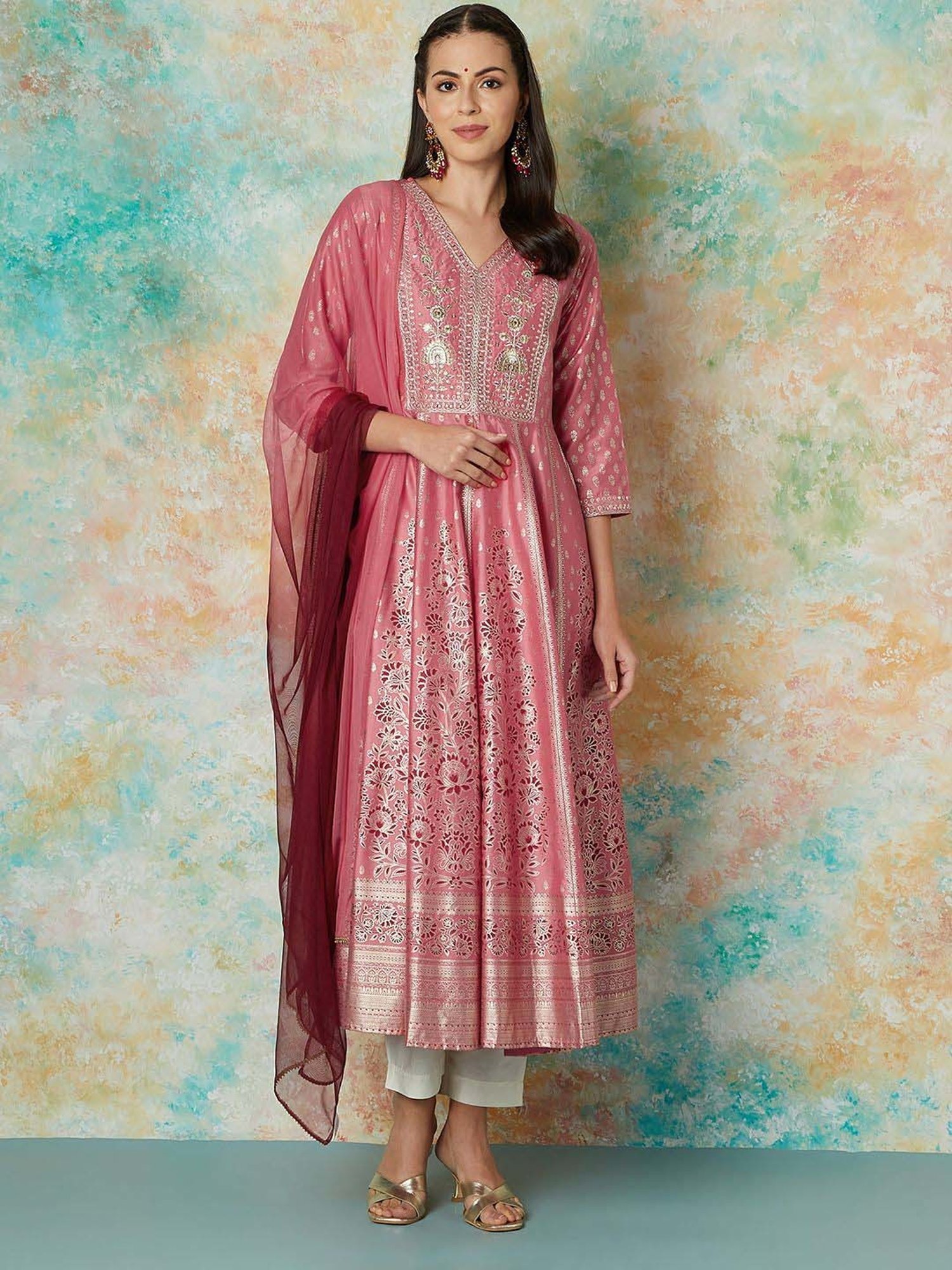 Melange by Lifestyle Pink Embroidered Kurta & Pant Set With Dupatta
