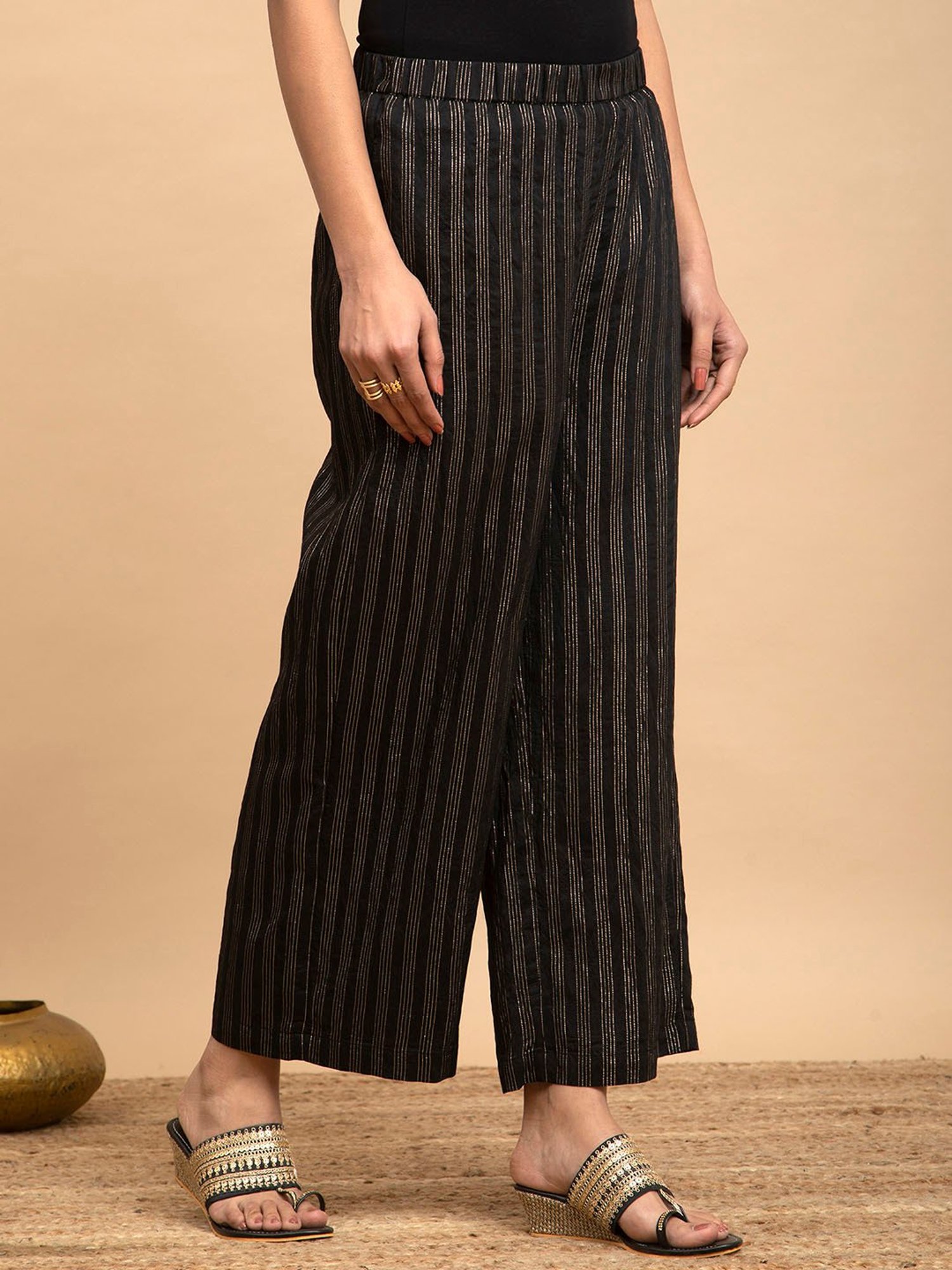 Pink Fort Black & Gold Striped Trousers