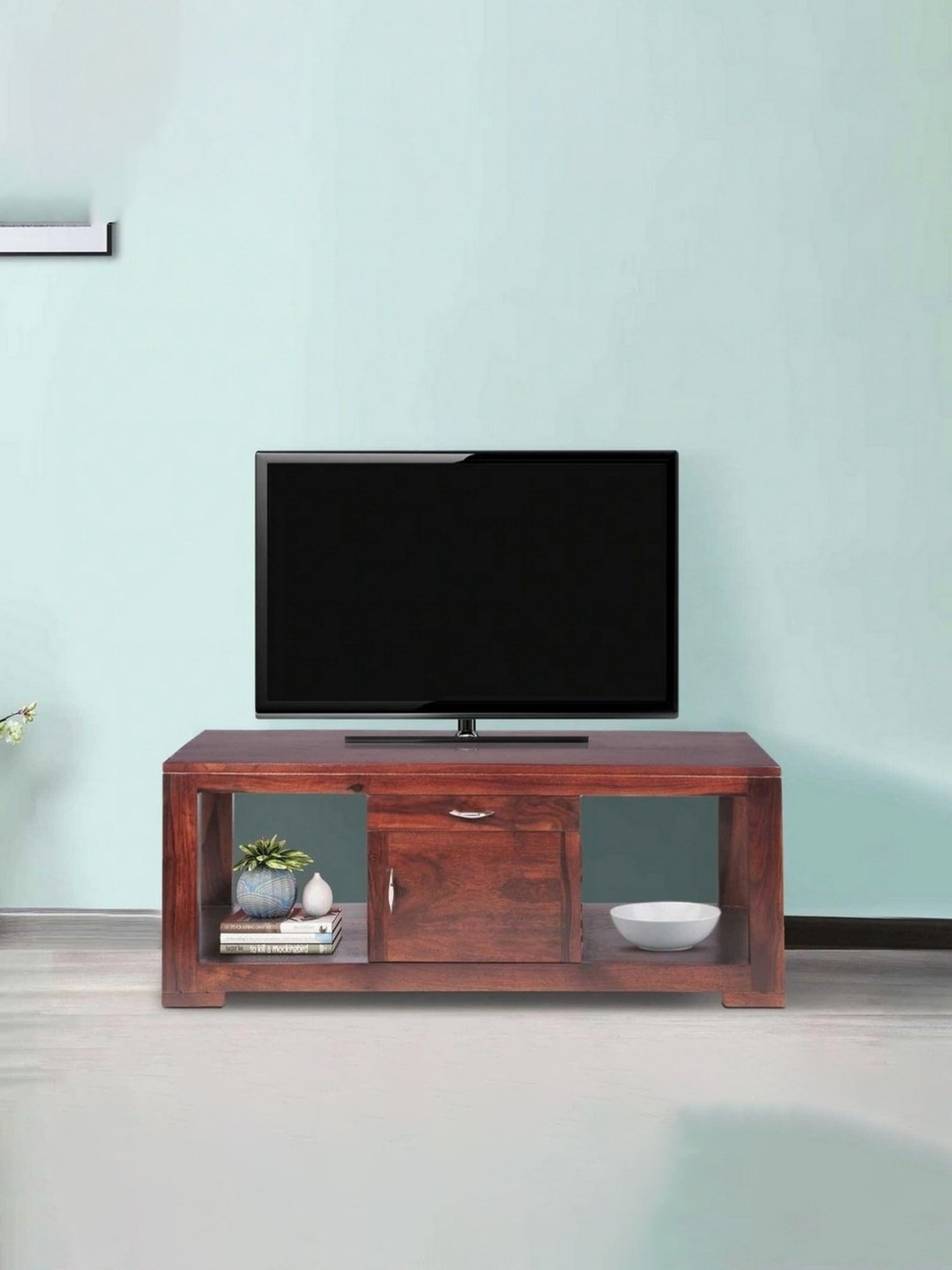 Ikiriya Allen Solid Dark Brown Wood TV Entertainment Unit Dark Walnut Finish