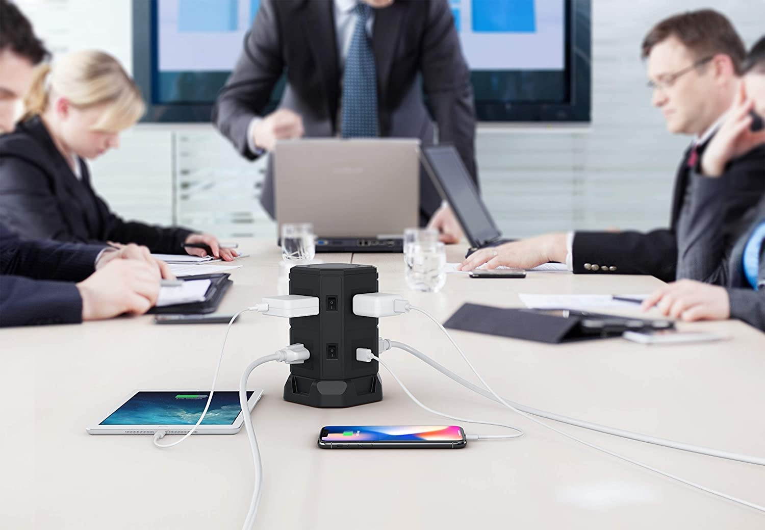 BTU Surge Protector Electric Charging Station,Power Strip Tower Wireless Charger+7 Outlet Plugs+2 USB Ports + 6.5ft Extension Cord Universal Socket PC Laptops Phone(Black)