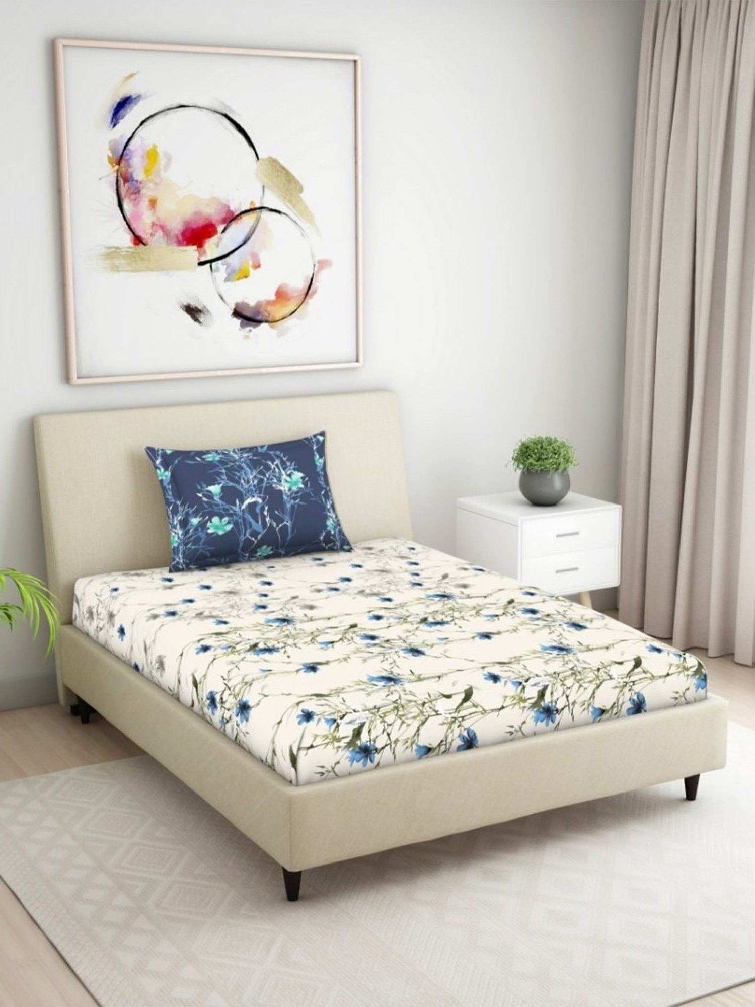 Welspun Blue 144 TC Cotton Single Bed Sheet with 1 Pillow Cover