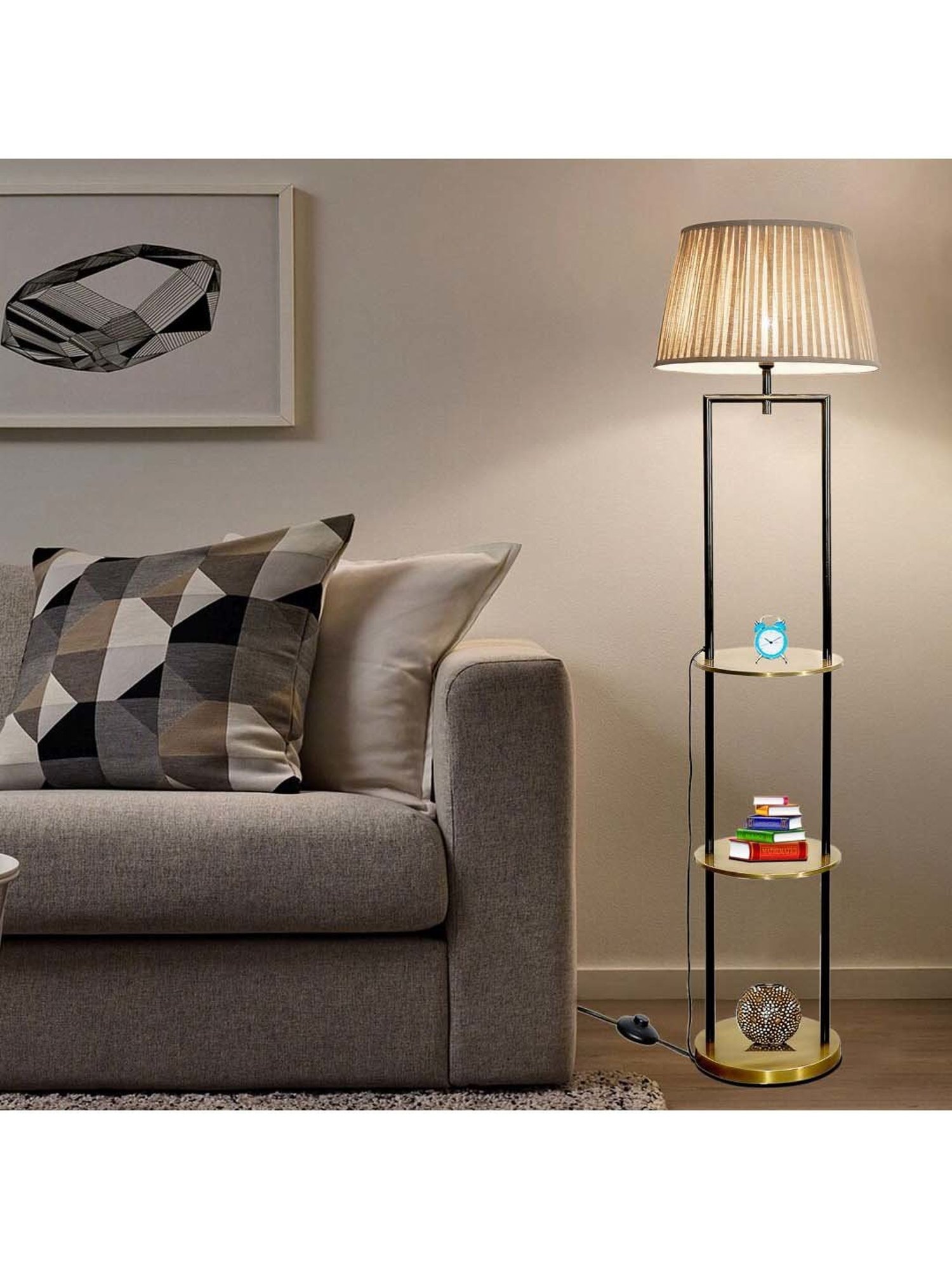 Kapoor E Illuminations Gallow Brass & Black Metal Multiutility Shelf Floor Lamp