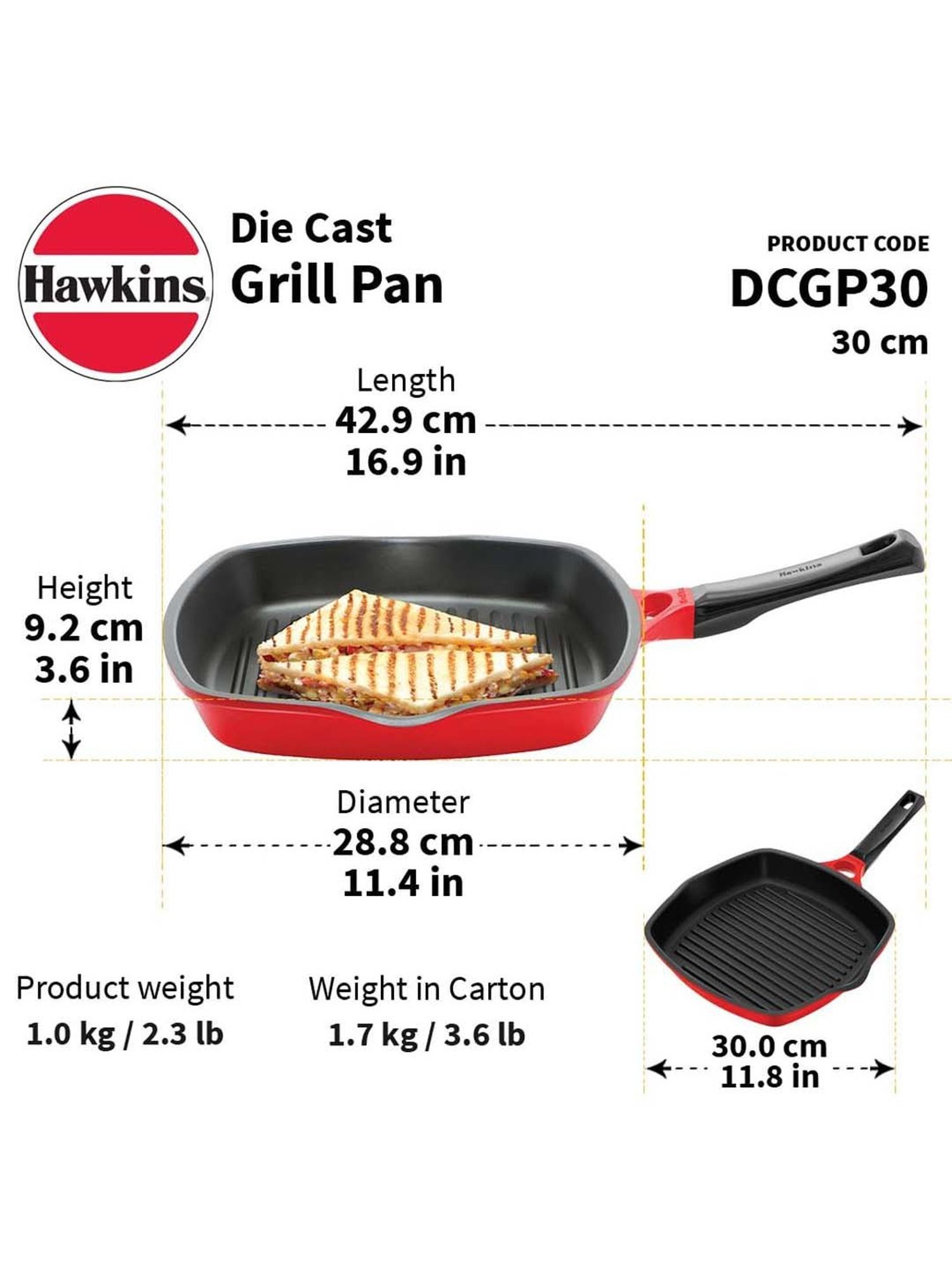 Hawkins Red Ceramic 30 cm Die Cast Grilling Pan (Dcgp30) (1 L)