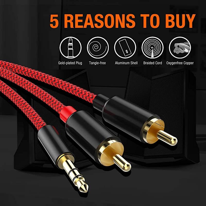 2 Pack RCA Cable  RCA to 35mm 6ft 18M HiFi Sound NylonBraided RCA to AUX Audio Cable Compatible with DJ Controller Speaker Turntable TV Car Stereo HiFi Amplifer Phone Red