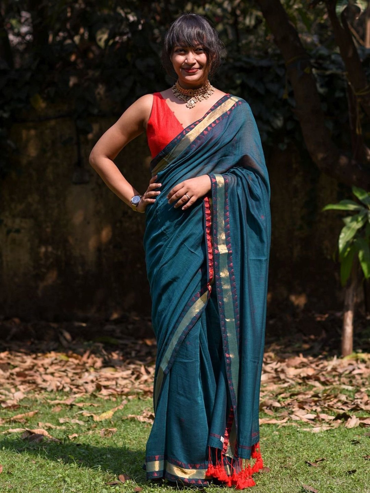 Suta Teal Blue Cotton Woven Saree Without Blouse