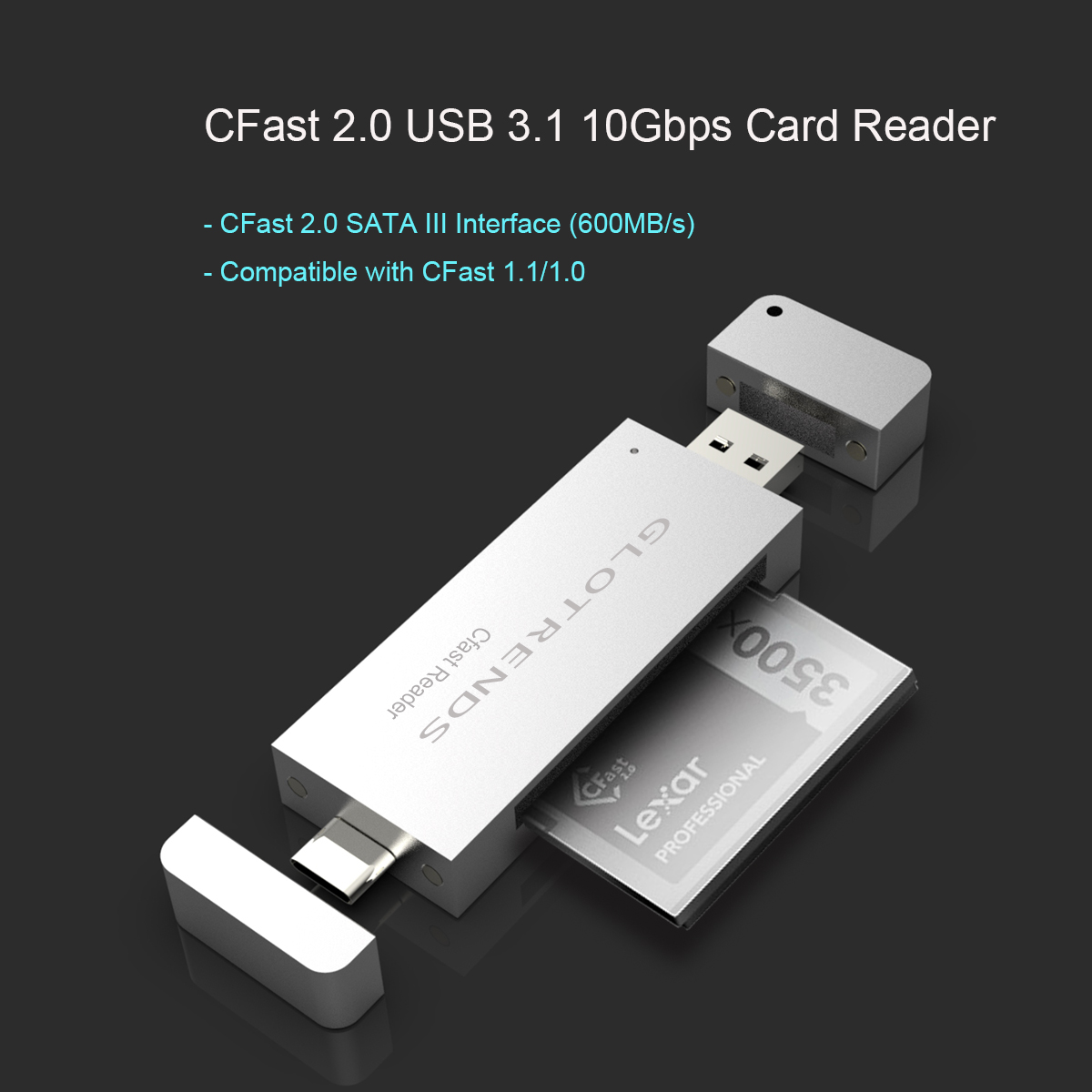 GLOTRENDS CFast Reader 2.0 10Gbps Chip with USB C and USB A Port, Full Aluminum Case Silver Color
