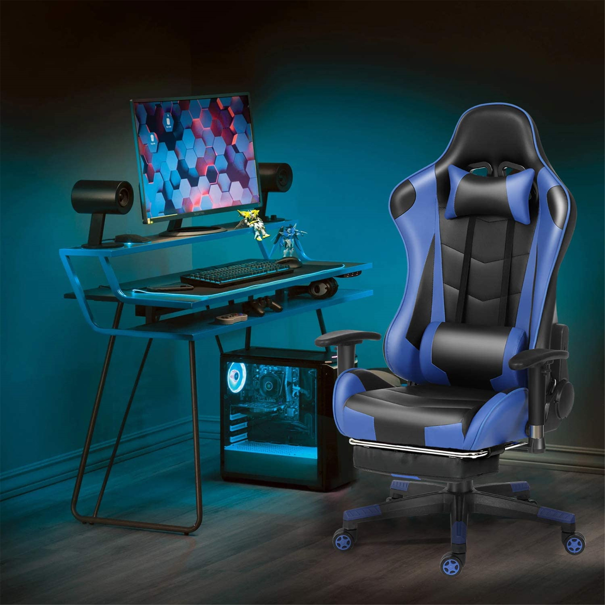 Ergonomic Gaming Chair Racing Chair E-Sports Chair Home Office Chair Computer Game Chair with PU Leather,3D Adjustable Arm,Memory Foam,Lumbar Support,Headrest and Footrest