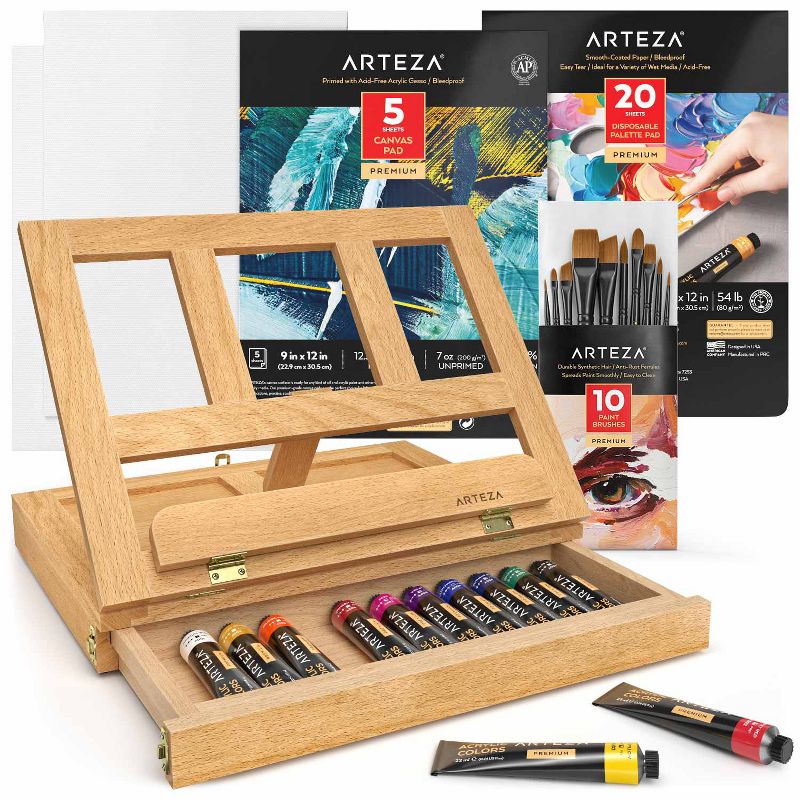 Arteza Essentials Tabletop Easel Art Set with Acrylic Paint, Brushes, Paper, Canvas Pads & Paper (ARTZ-9521)