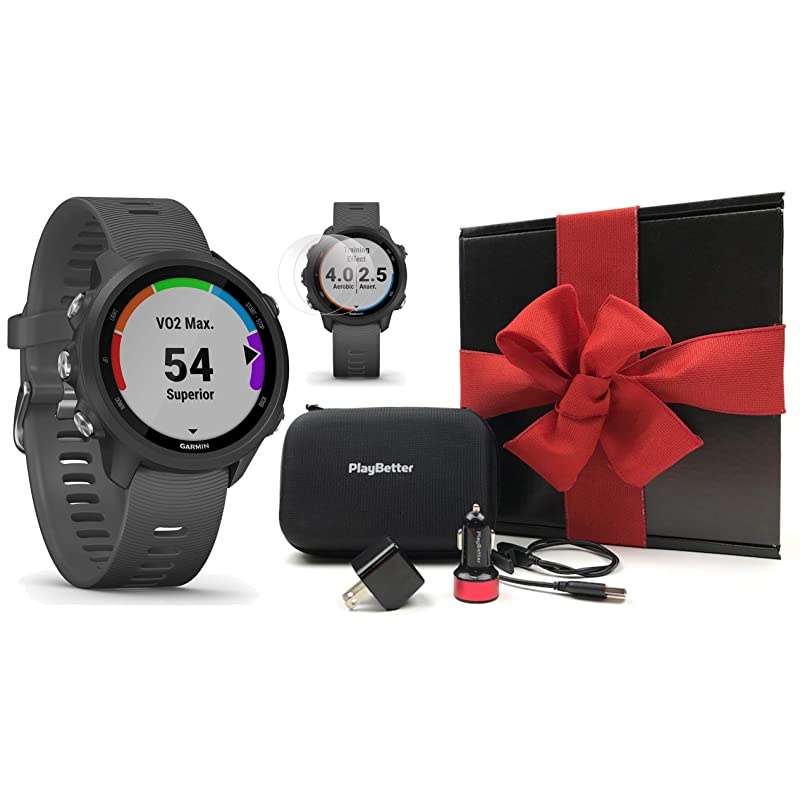 Garmin Forerunner 245 (Slate Gray) Gift Box Bundle | + HD Screen Protectors (x4), USB Car/Wall Adapters & Hard Case | Prepacked with Bow & Crinkle Paper | Running GPS Watch, VO2 Max, Coach