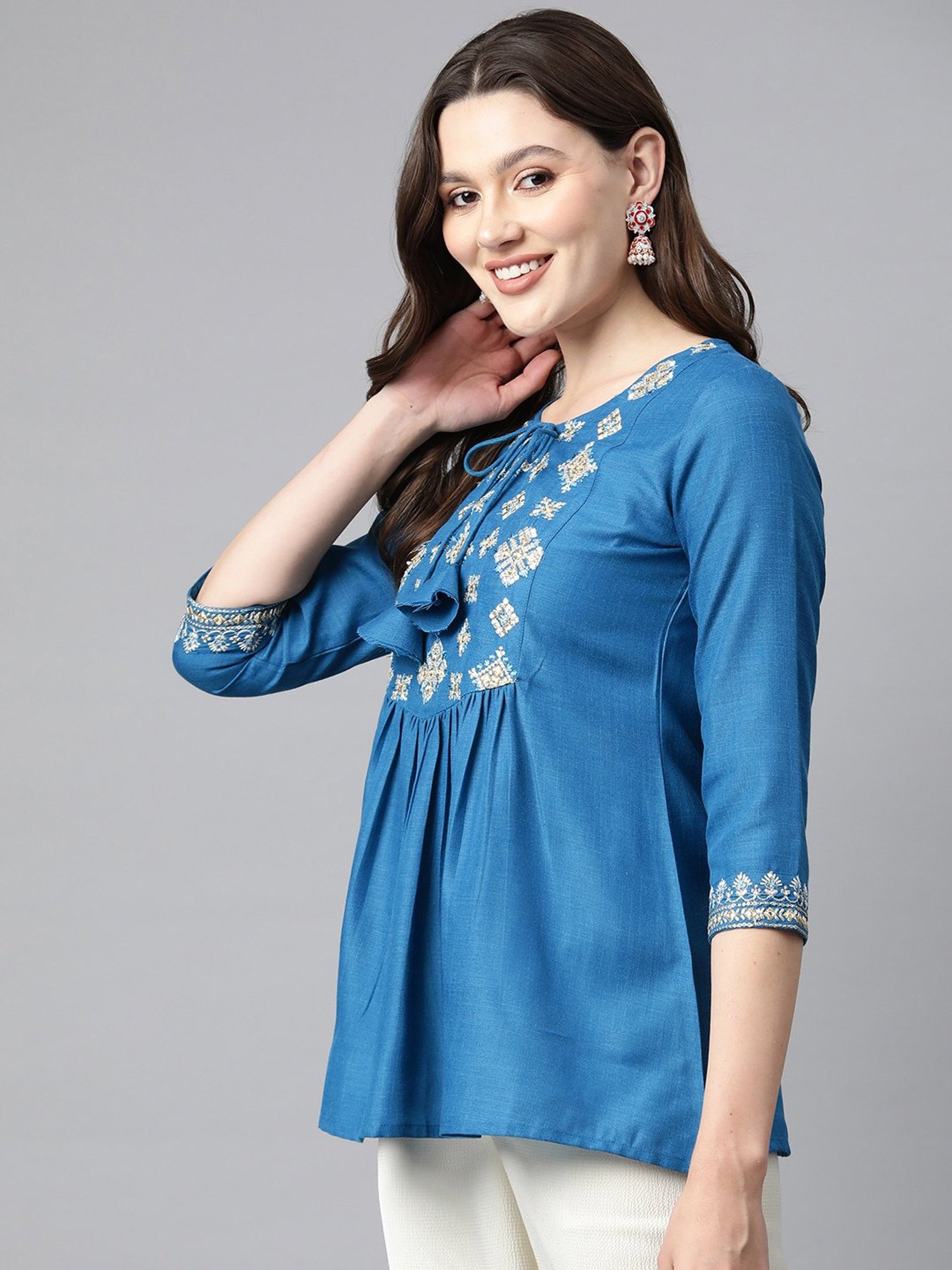 Cottinfab Blue Embroidered Top