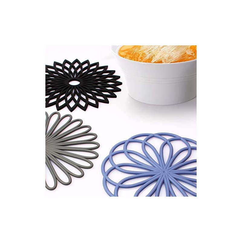 3 Set Silicone Multi-Use Flower Trivet Mat - Premium Quality Insulated Flexible Durable Non Slip Coasters Hot Pads Black