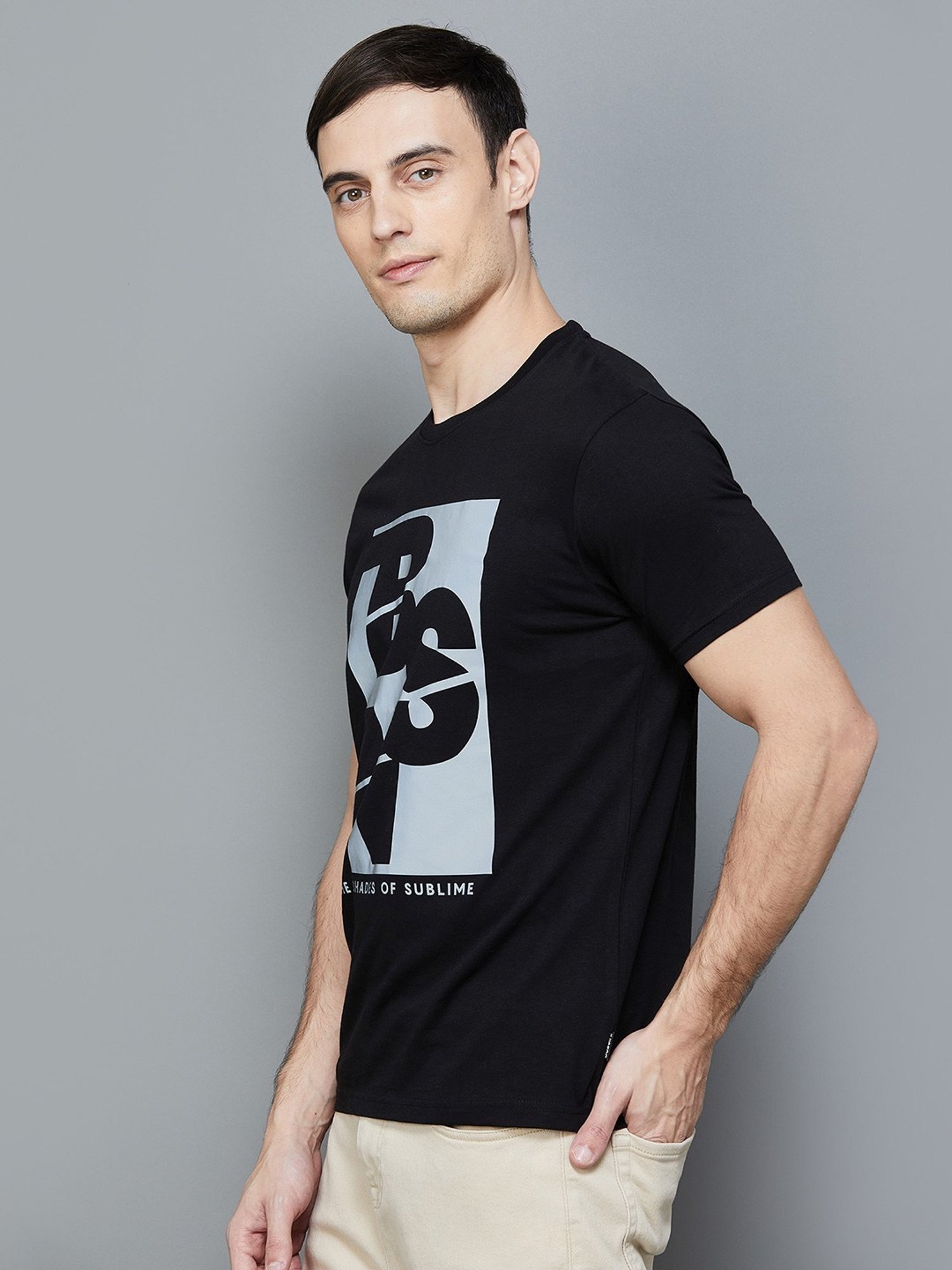 BOSSINI Black Cotton Regular Fit Printed T-Shirt