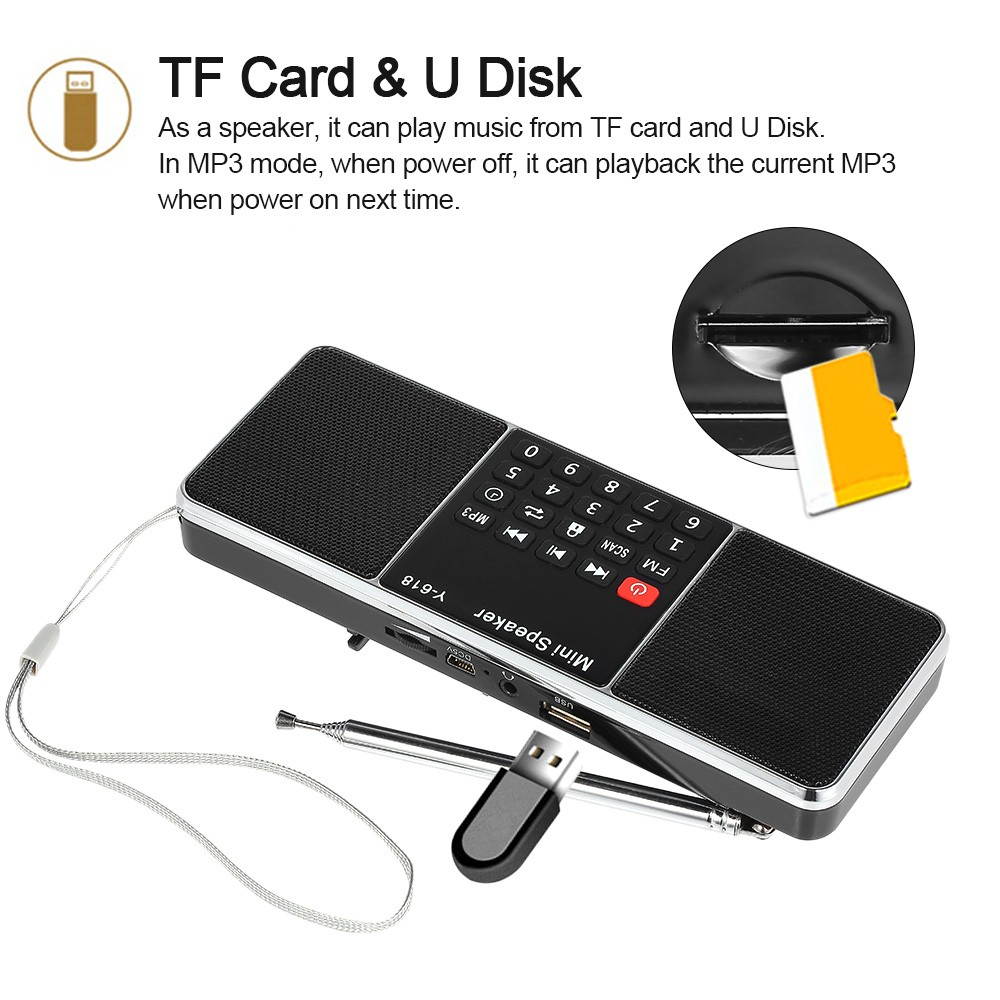 Y-618 Mini FM Radio Digital Portable Dual 3W Stereo Speaker MP3 Audio Player High Fidelity Sound Quality w/ 2 Inch Display Screen Support USB Drive TF Card AUX-IN Earphone-out